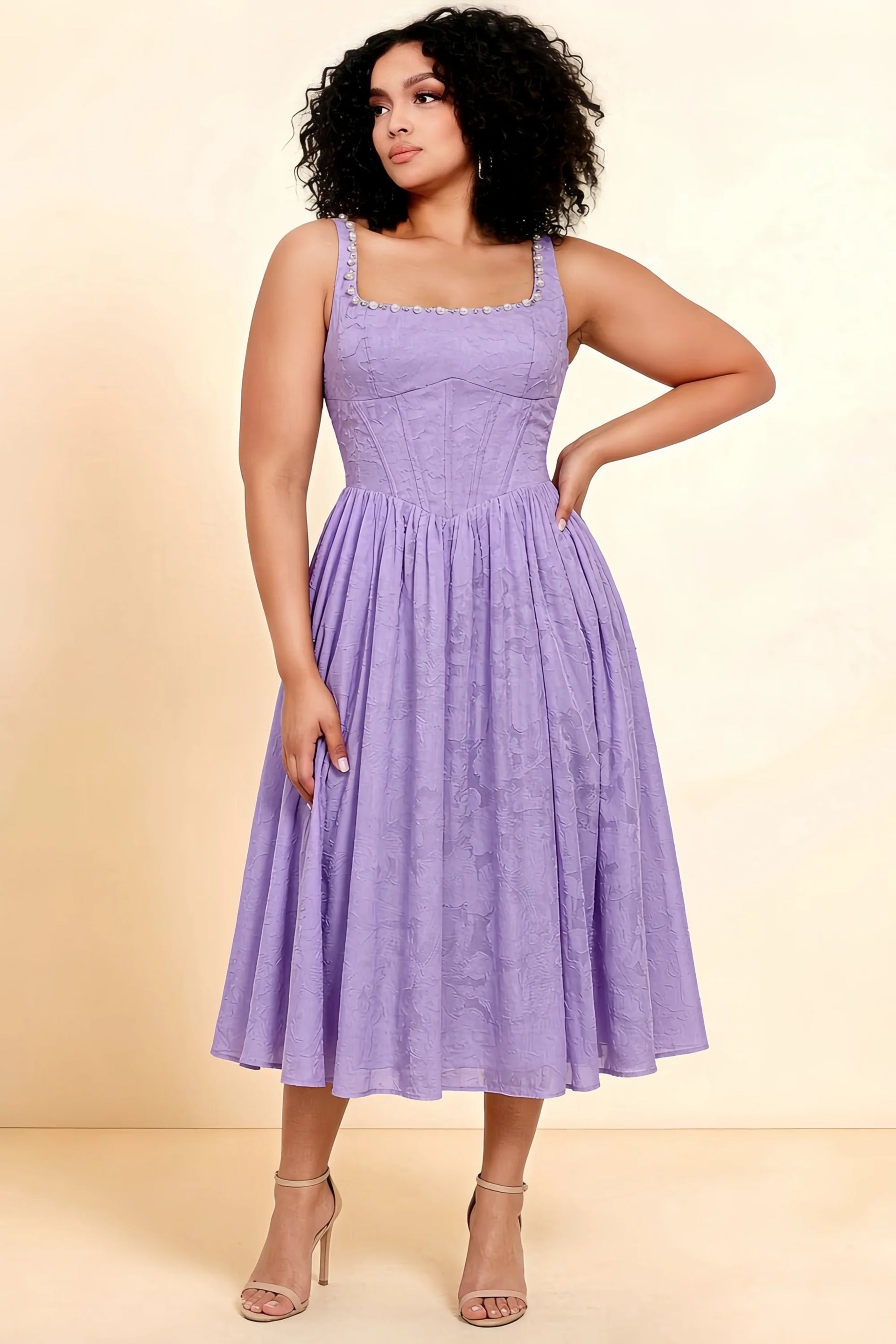 Alana Lilac Jacquard Pearl Midi Dress with Pockets