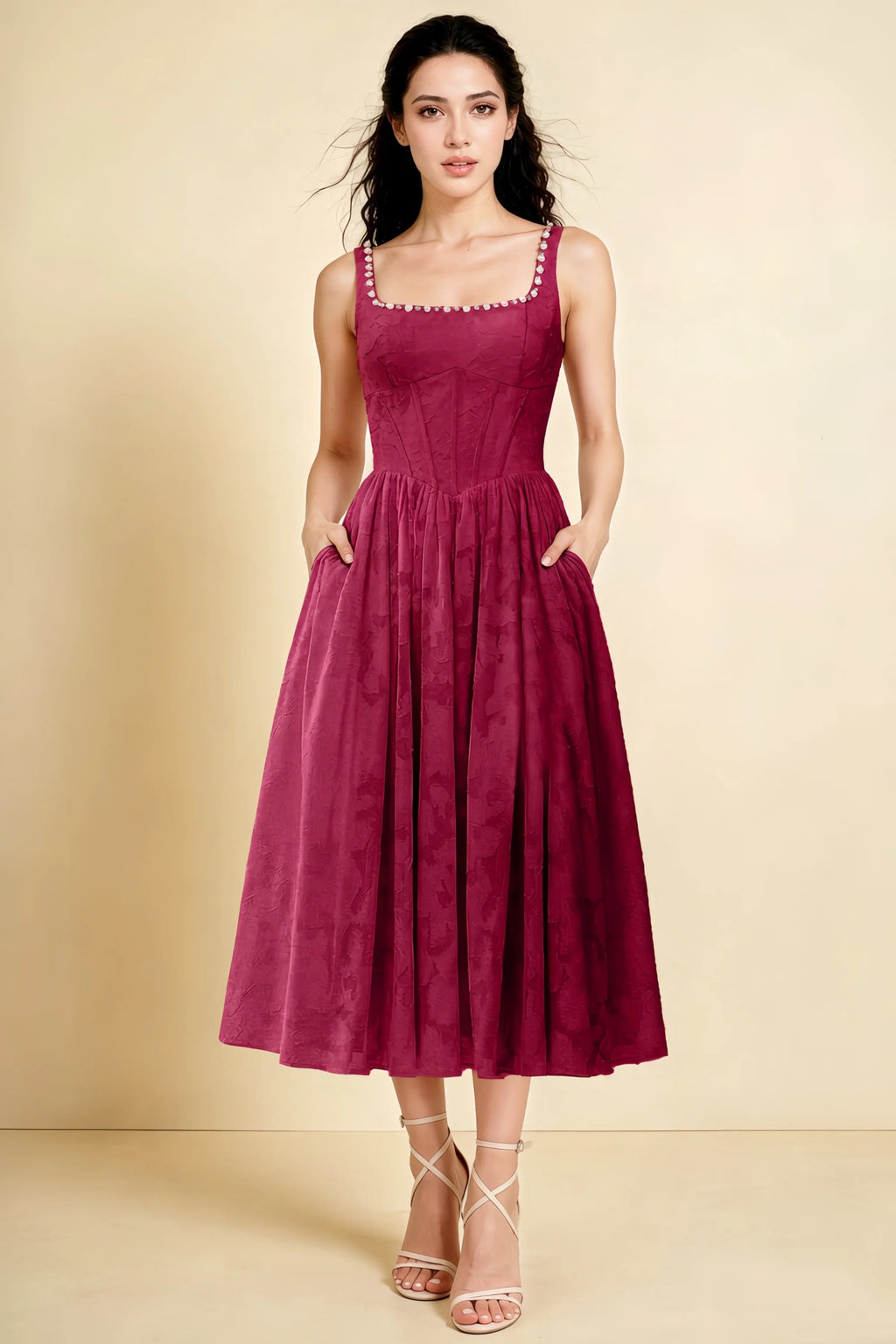 Alana Merlot Jacquard Pearl Midi Dress with Pockets