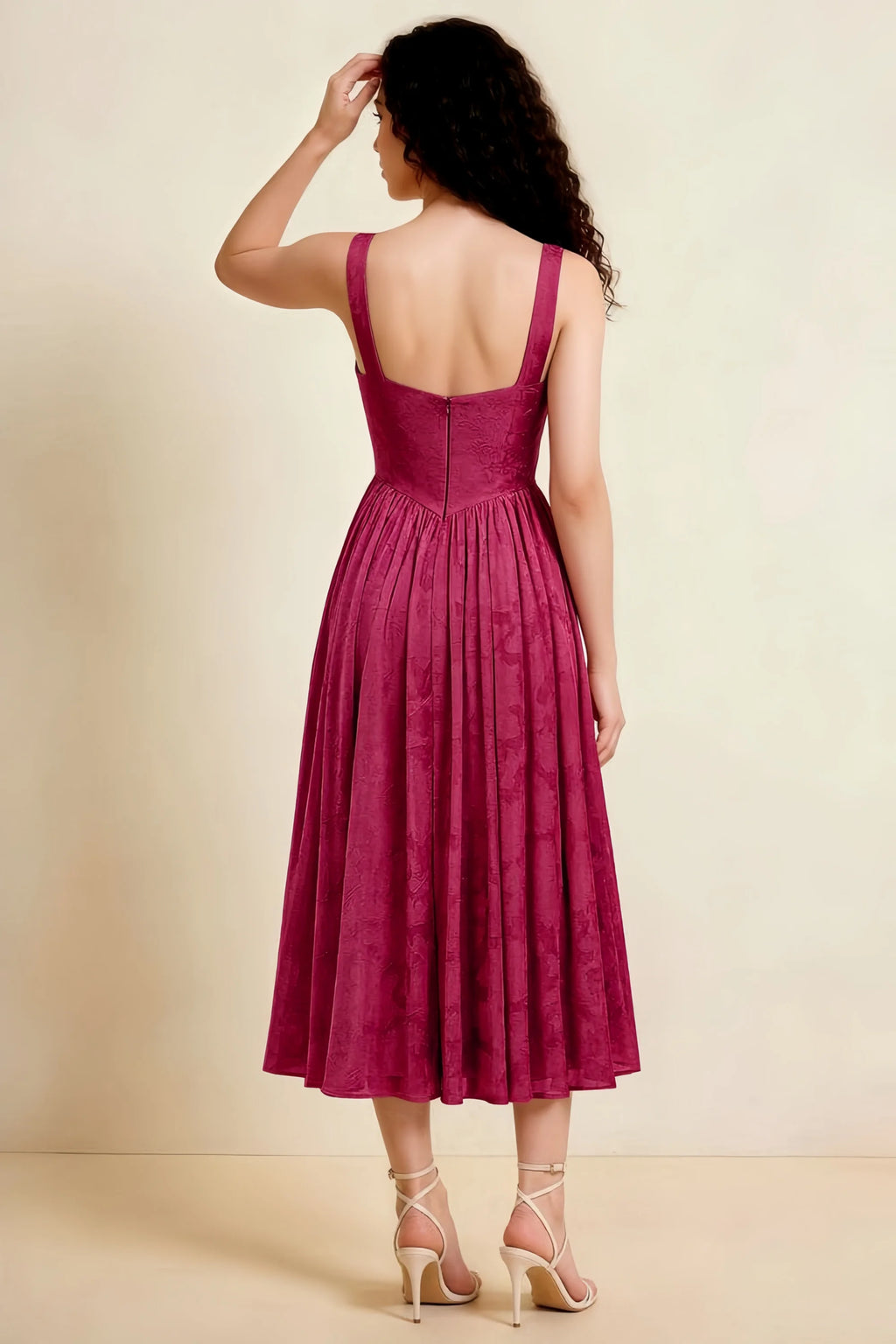 Alana Merlot Jacquard Pearl Midi Dress with Pockets
