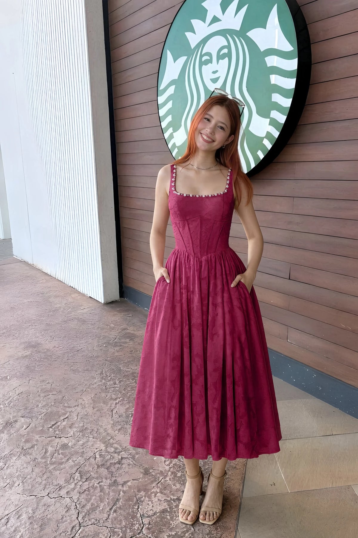 Alana Merlot Jacquard Pearl Midi Dress with Pockets