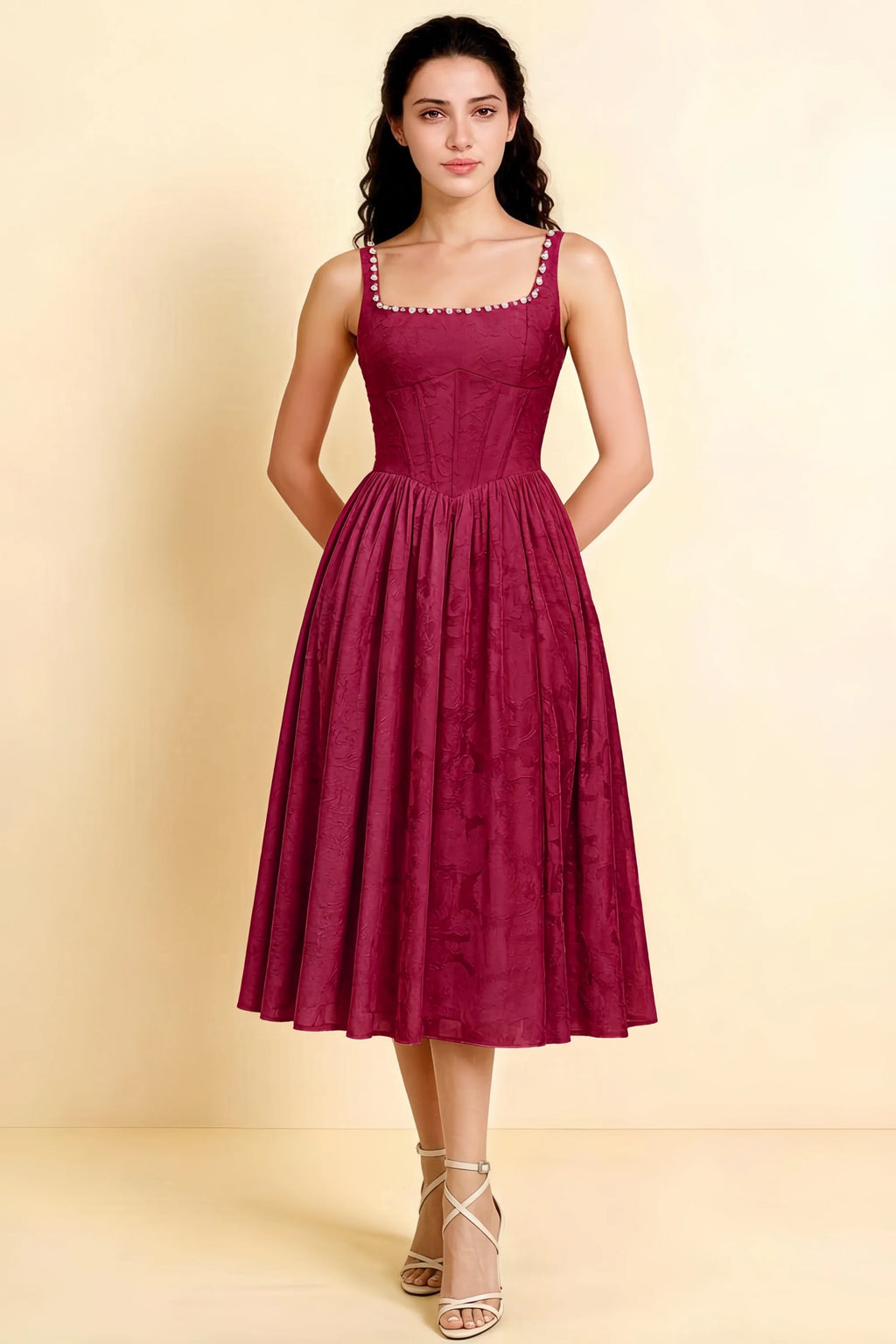 Alana Merlot Jacquard Pearl Midi Dress with Pockets
