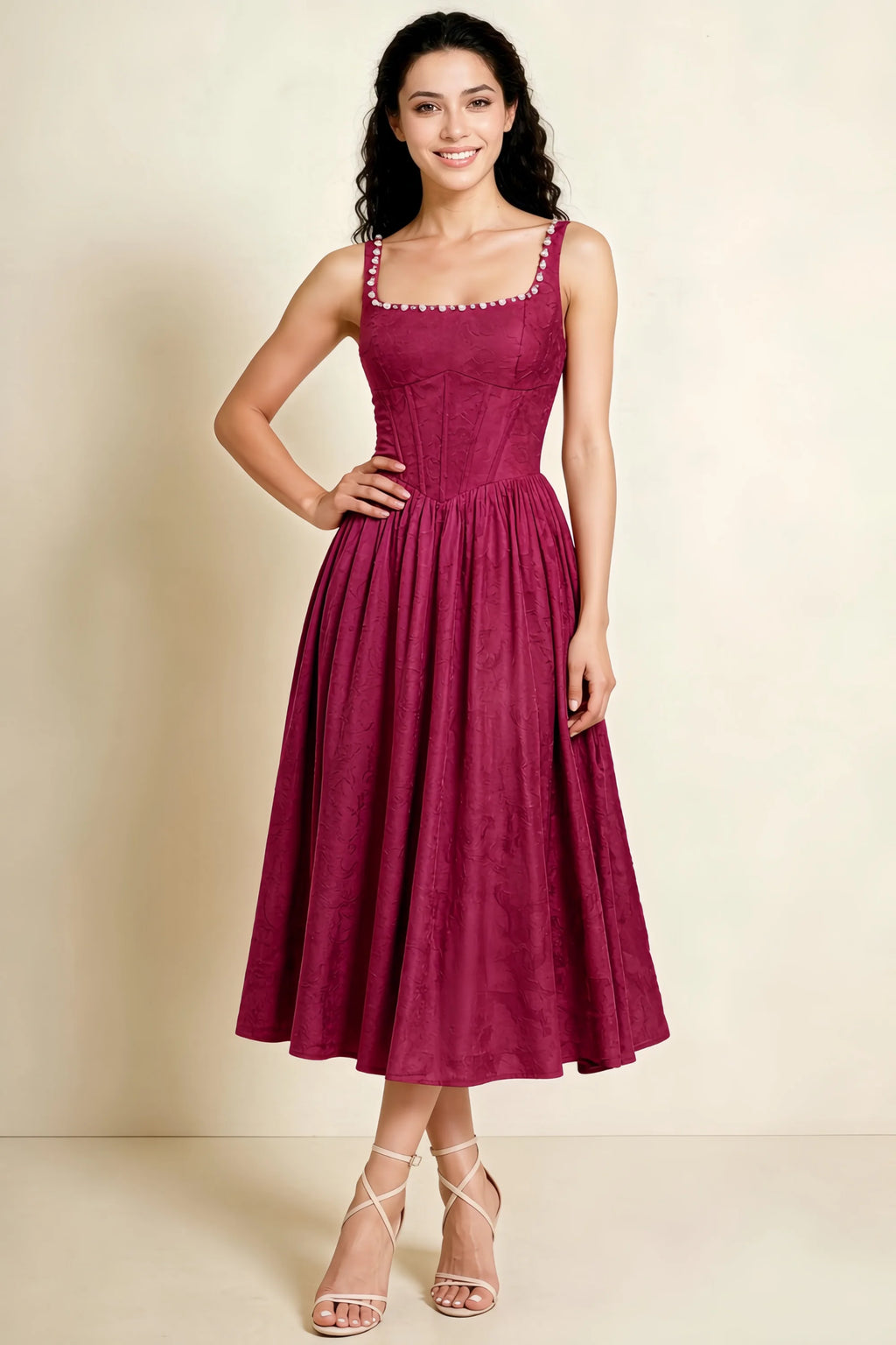 Alana Merlot Jacquard Pearl Midi Dress with Pockets
