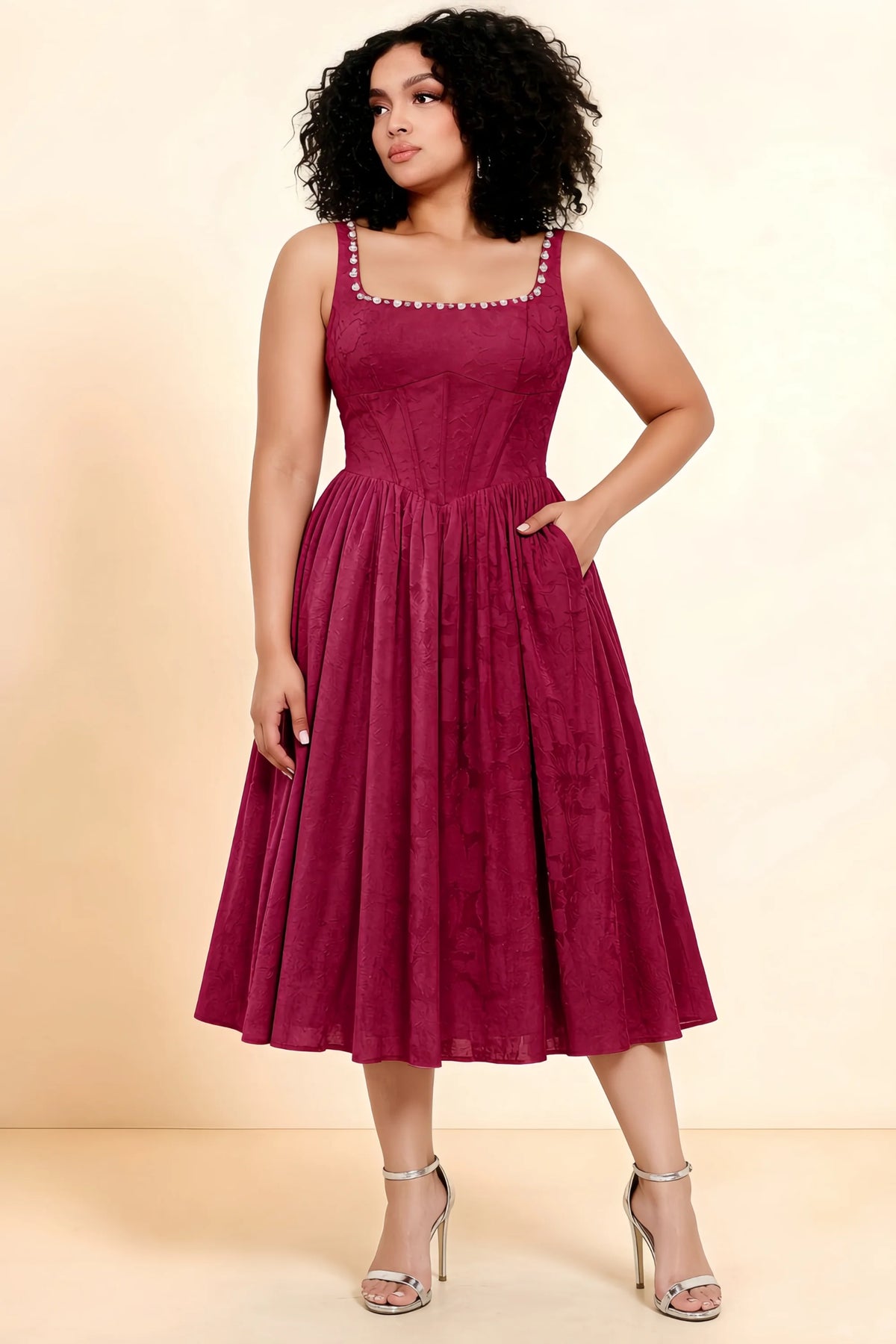 Alana Merlot Jacquard Pearl Midi Dress with Pockets