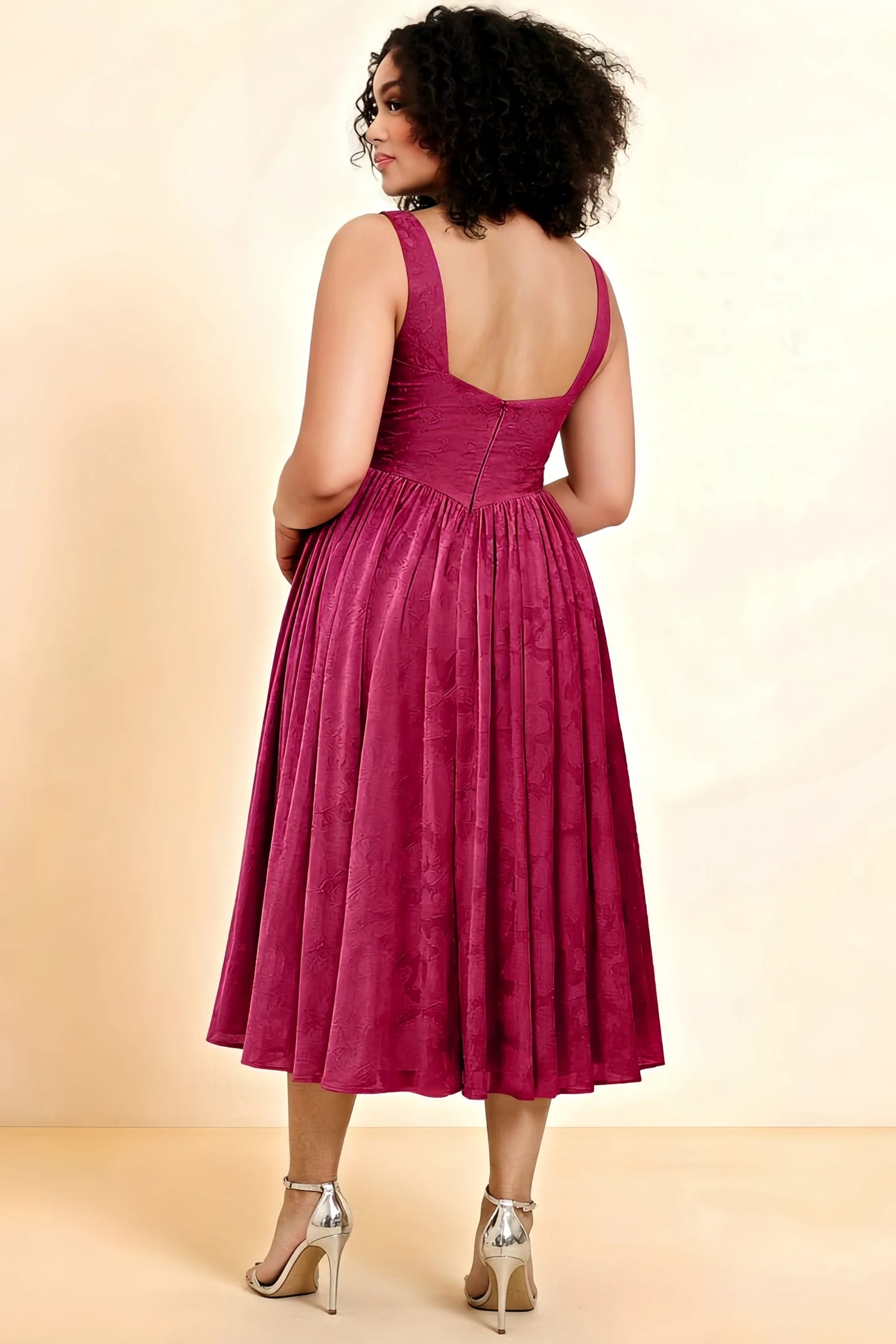 Alana Merlot Jacquard Pearl Midi Dress with Pockets