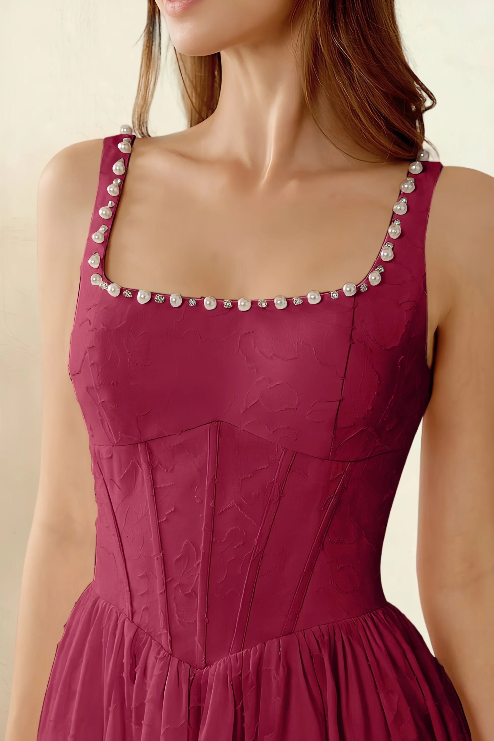 Alana Merlot Jacquard Pearl Midi Dress with Pockets