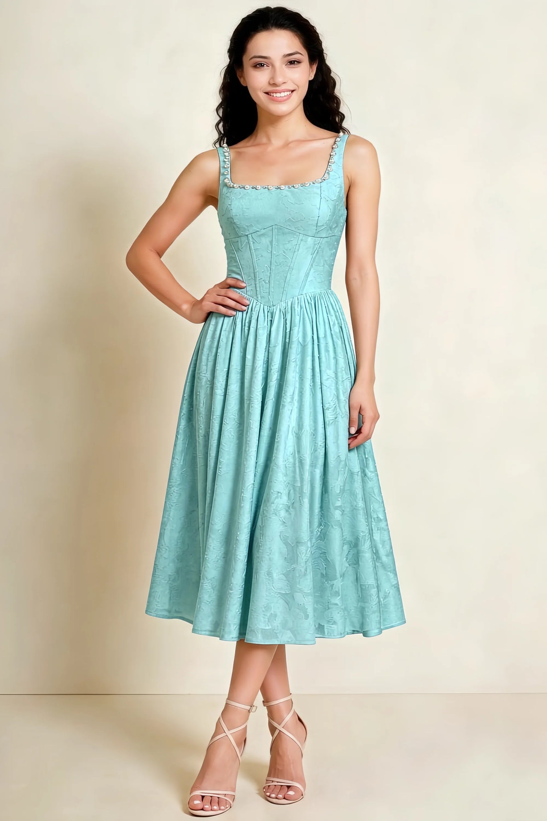 Alana Mist Jacquard Pearl Midi Dress with Pockets