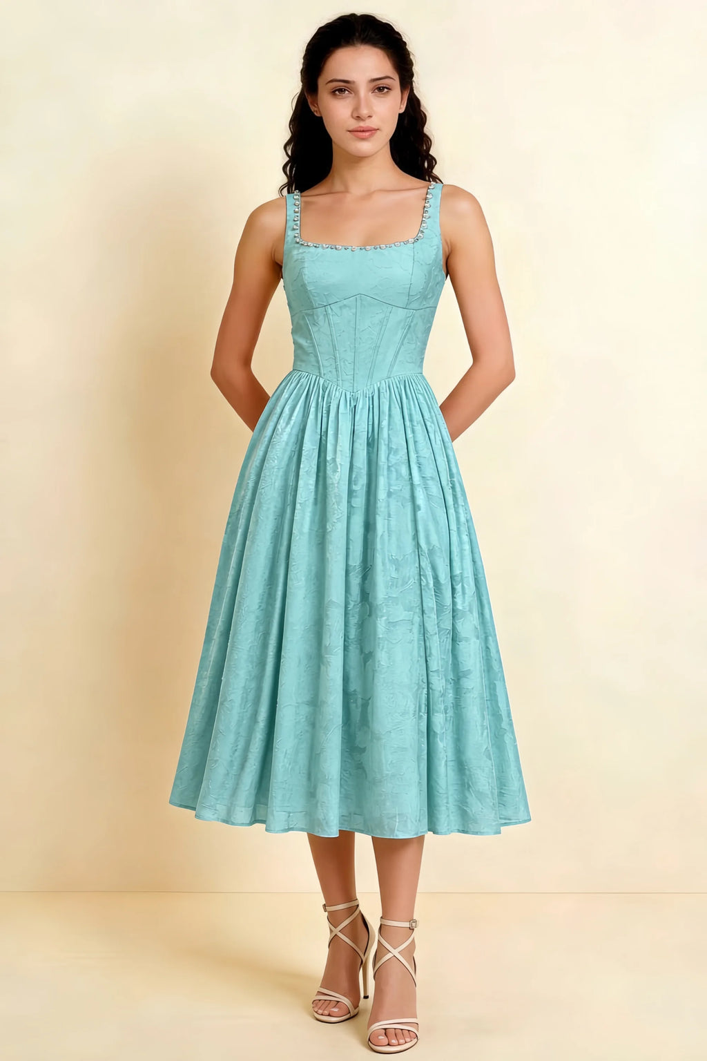 Alana Mist Jacquard Pearl Midi Dress with Pockets