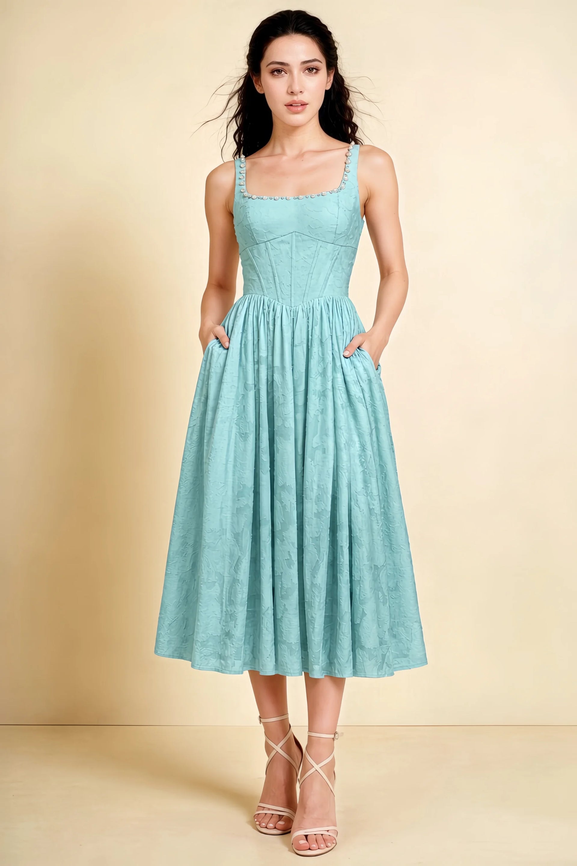 Alana Mist Jacquard Pearl Midi Dress with Pockets