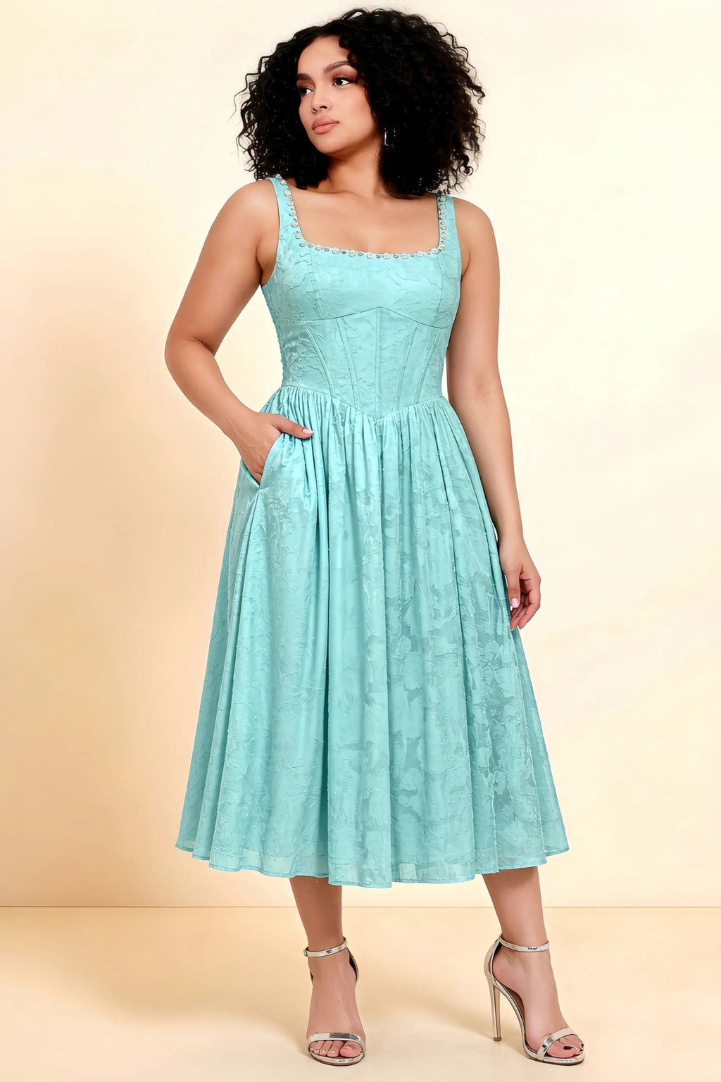 Alana Mist Jacquard Pearl Midi Dress with Pockets