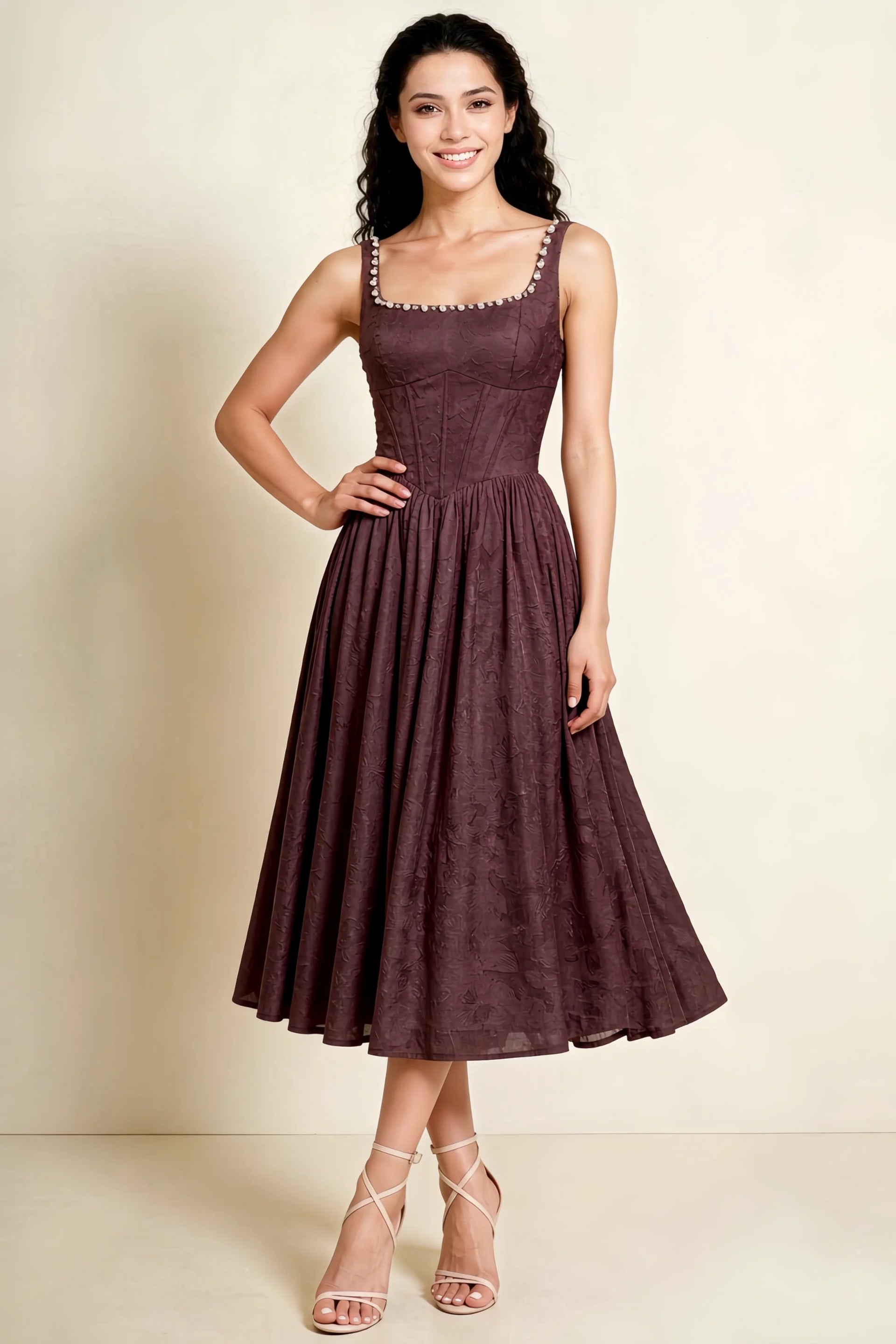 Alana Mocha Jacquard Pearl Midi Dress with Pockets