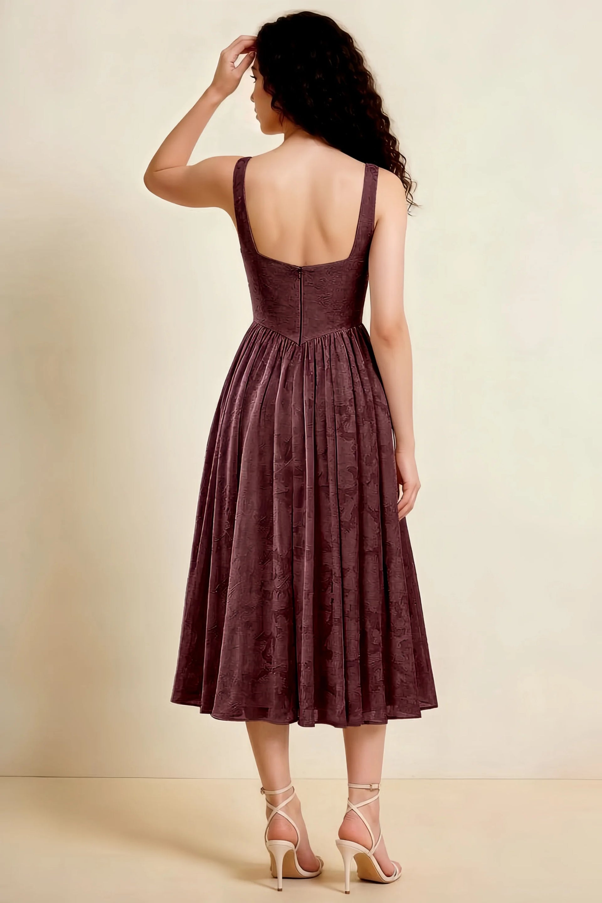 Alana Mocha Jacquard Pearl Midi Dress with Pockets