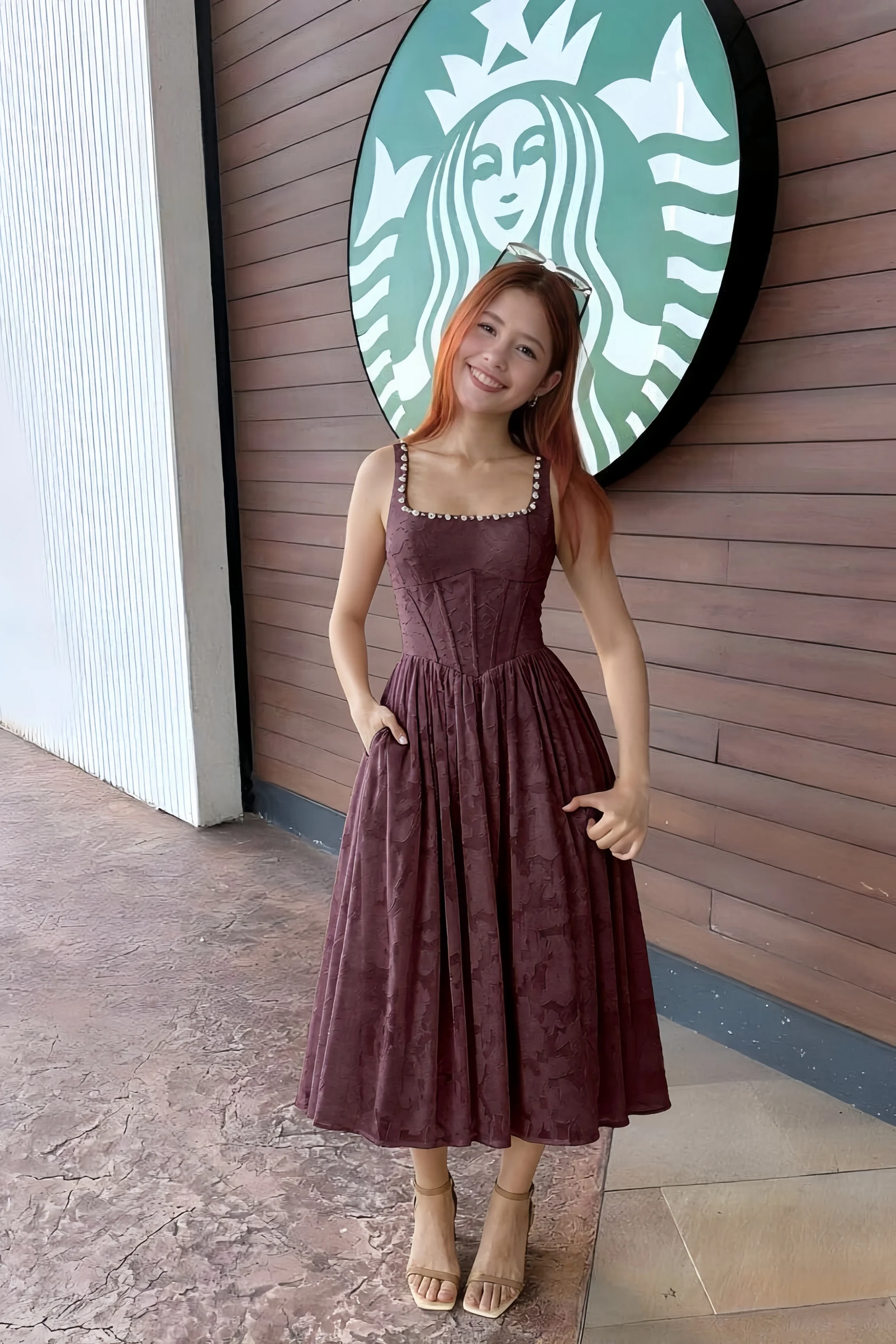 Alana Mocha Jacquard Pearl Midi Dress with Pockets