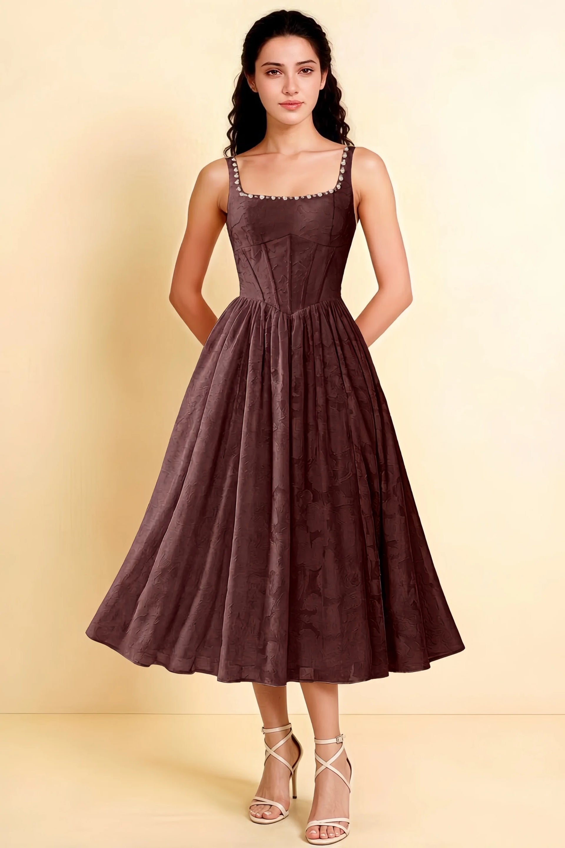 Alana Mocha Jacquard Pearl Midi Dress with Pockets