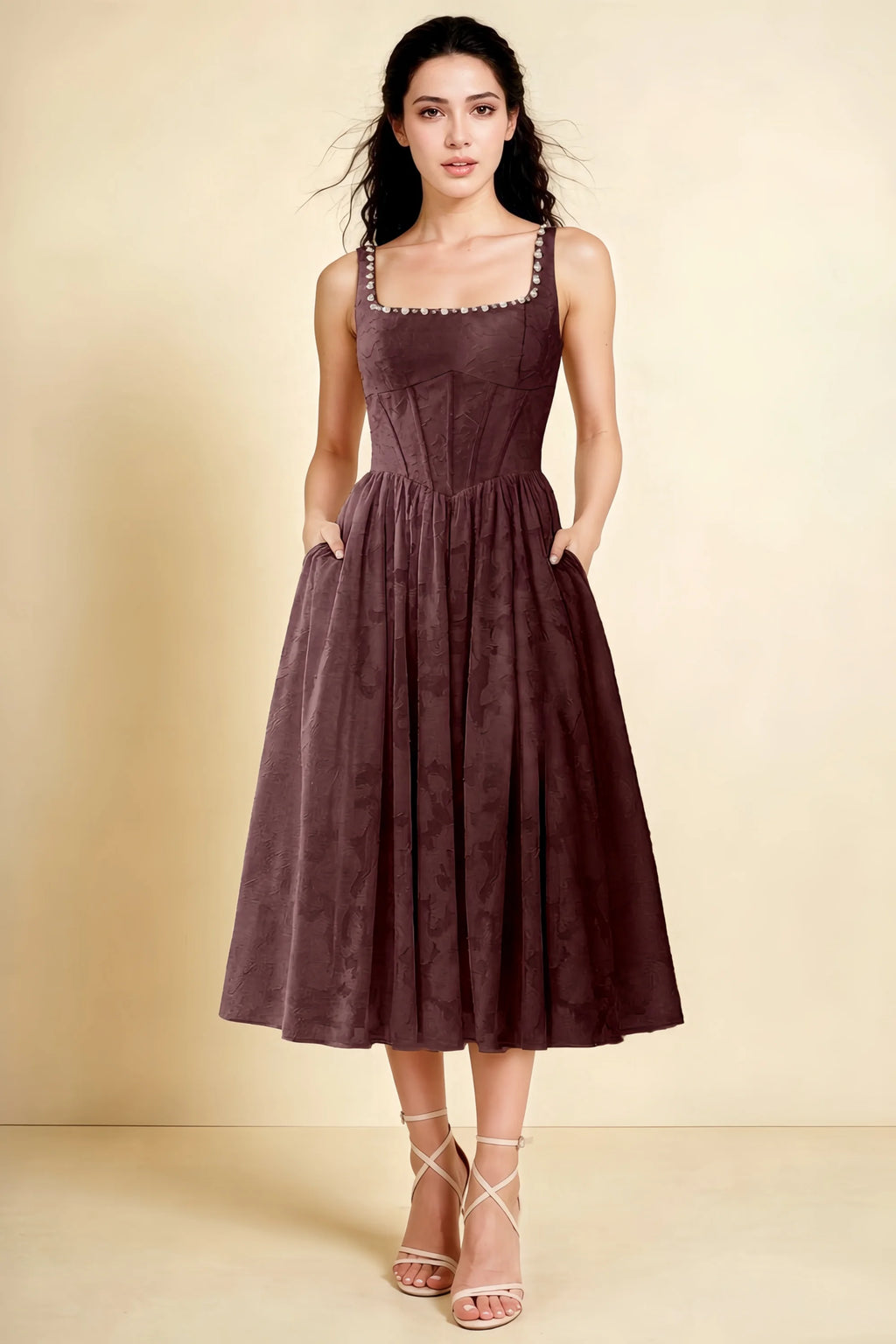 Alana Mocha Jacquard Pearl Midi Dress with Pockets