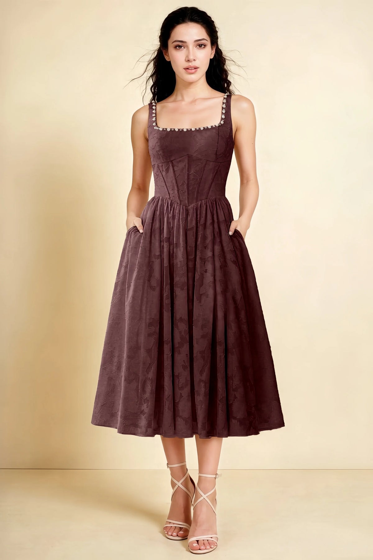 Alana Mocha Jacquard Pearl Midi Dress with Pockets