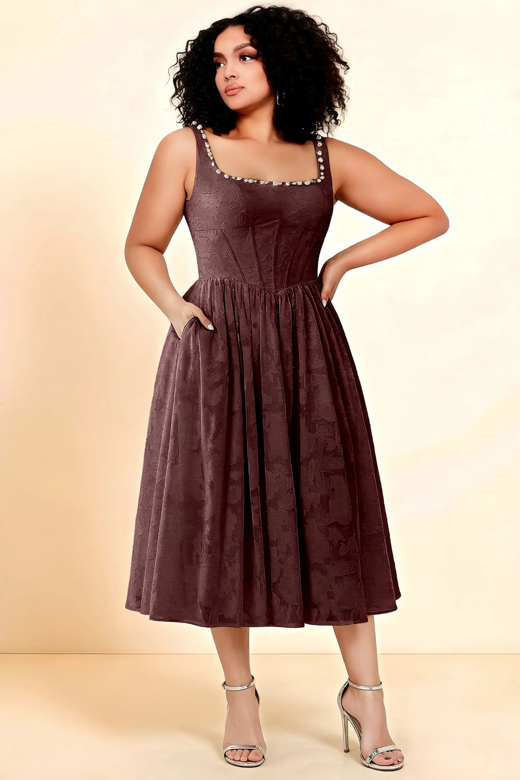 Alana Mocha Jacquard Pearl Midi Dress with Pockets