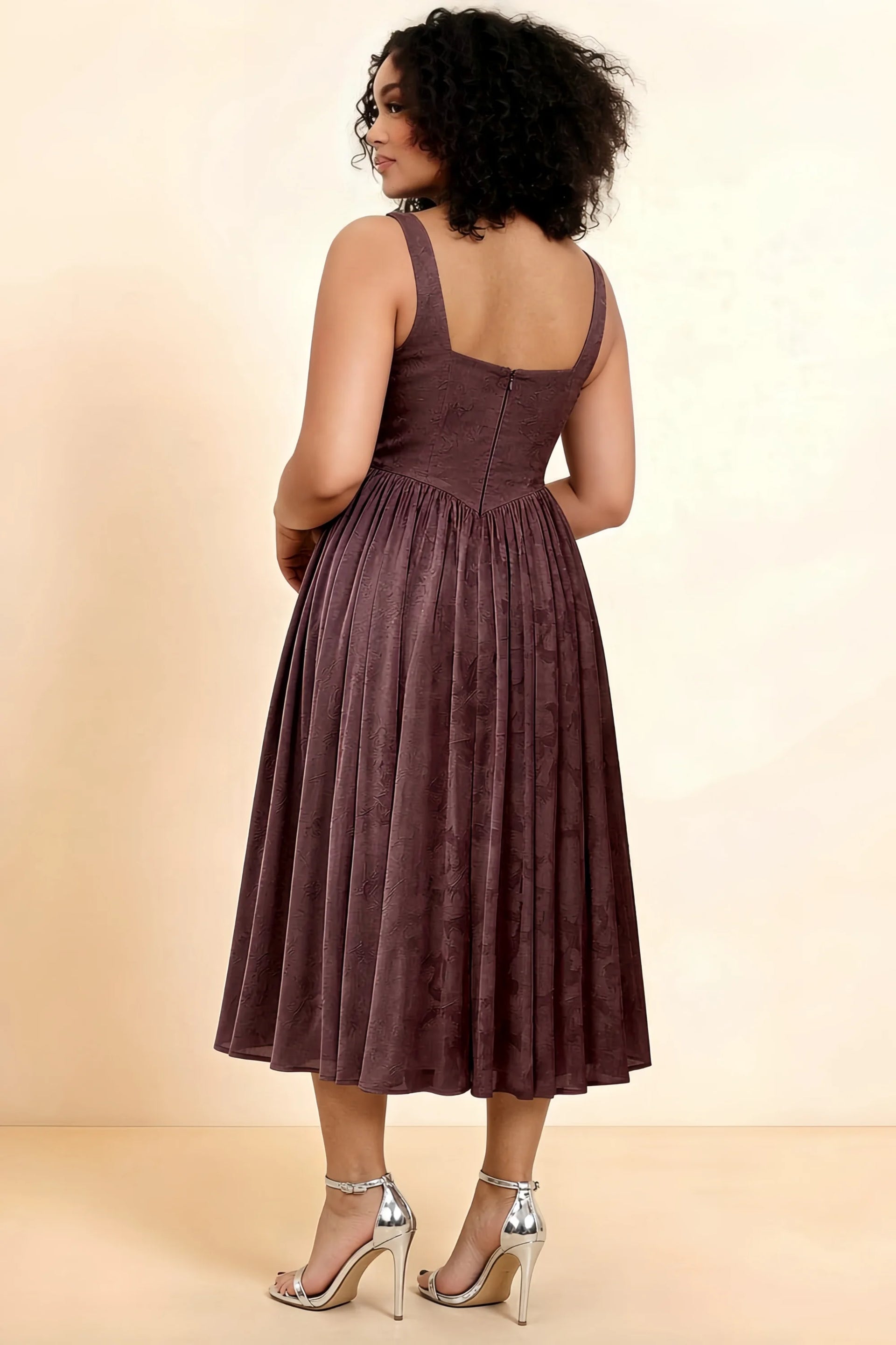 Alana Mocha Jacquard Pearl Midi Dress with Pockets