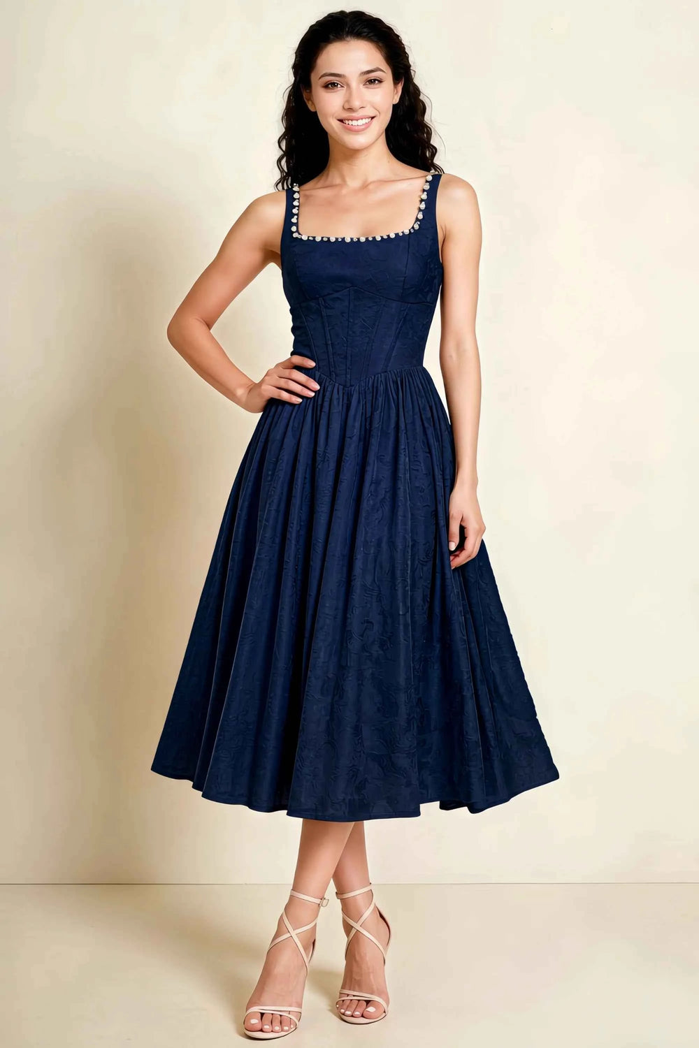 Translation missing: en.Front view of the LVLVS Alana navy midi dress, showing the pearl-trimmed square neckline, shaped bodice and gathered full skirt. content.product_image_main