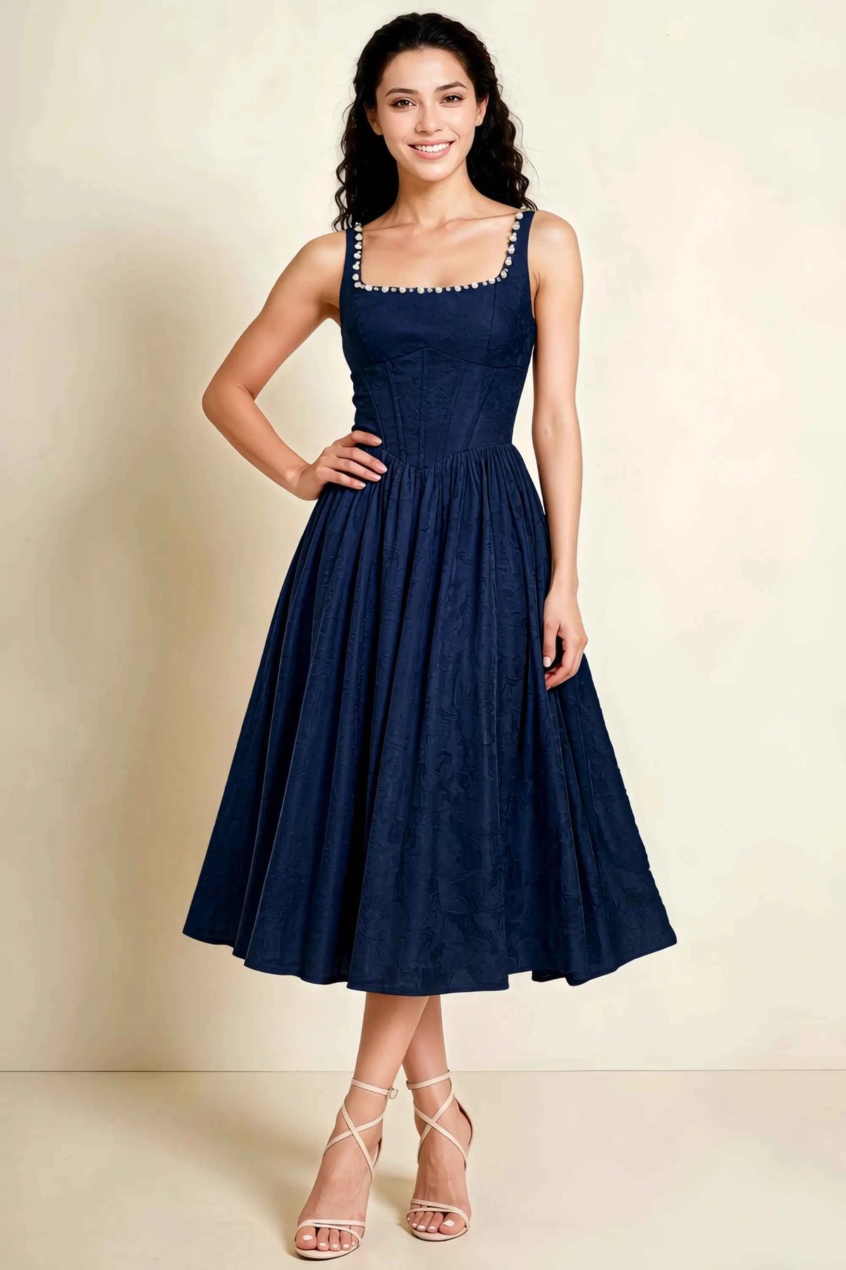Alana Navy Jacquard Pearl Midi Dress with Pockets Main image