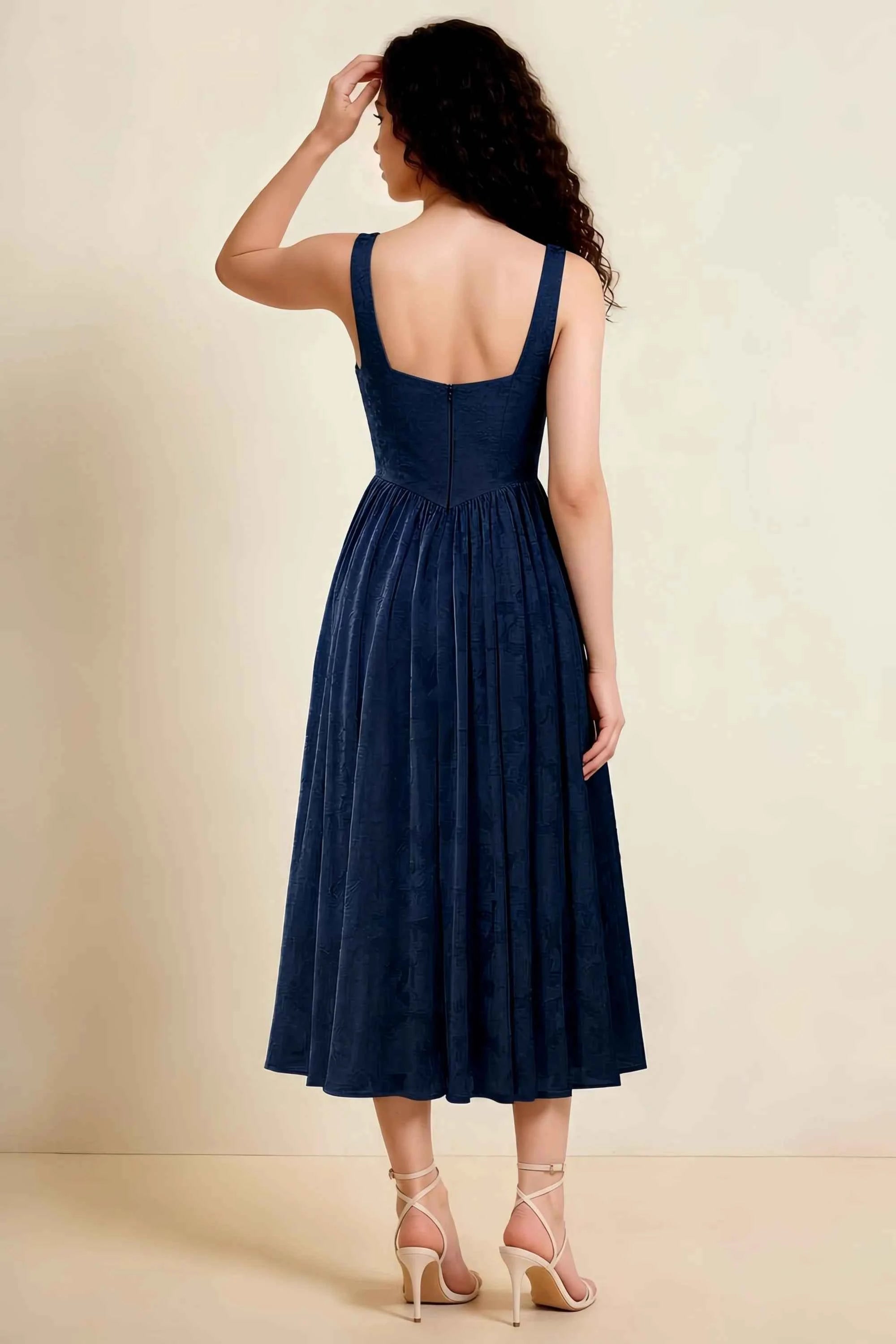 Alana Navy Jacquard Pearl Midi Dress with Pockets Secondary image