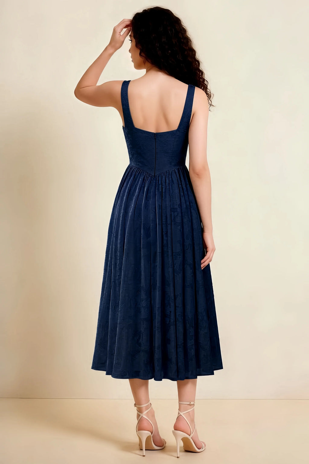 Alana Navy Jacquard Pearl Midi Dress with Pockets