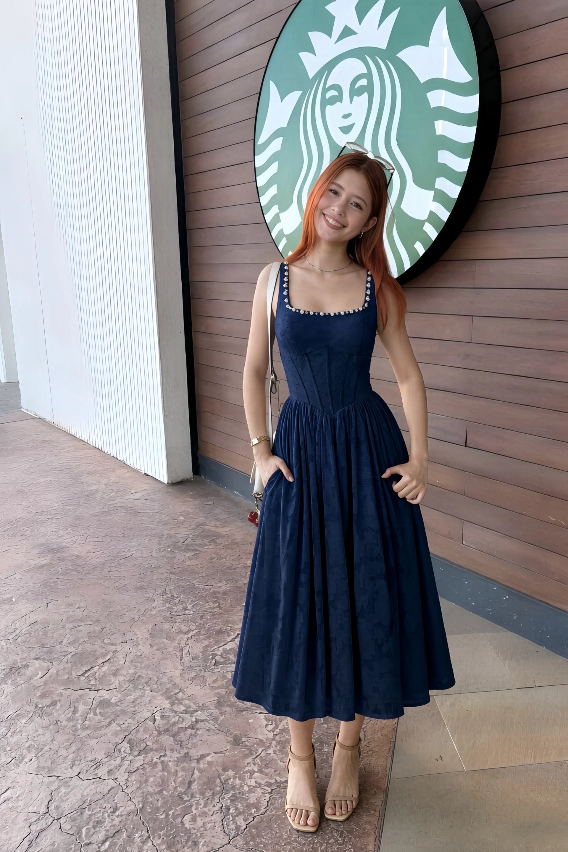 Alana Navy Jacquard Pearl Midi Dress with Pockets