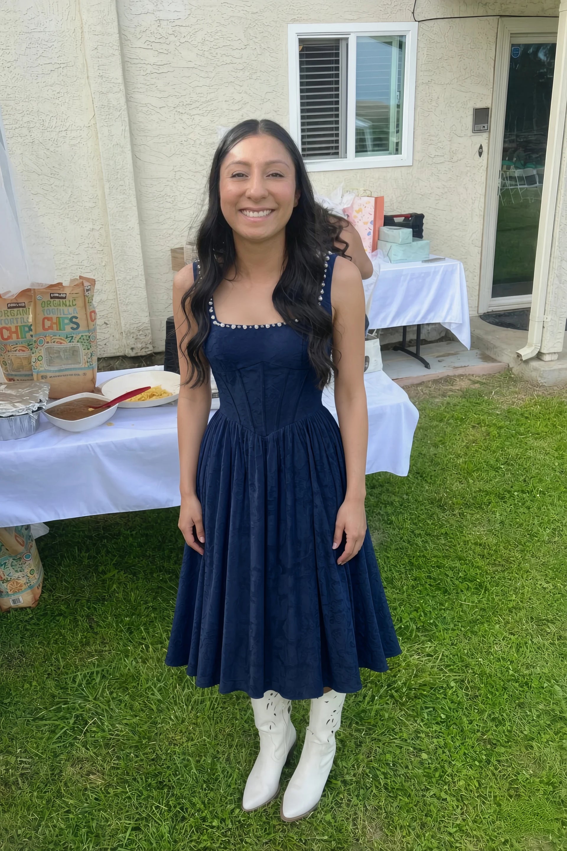 Alana Navy Jacquard Pearl Midi Dress with Pockets