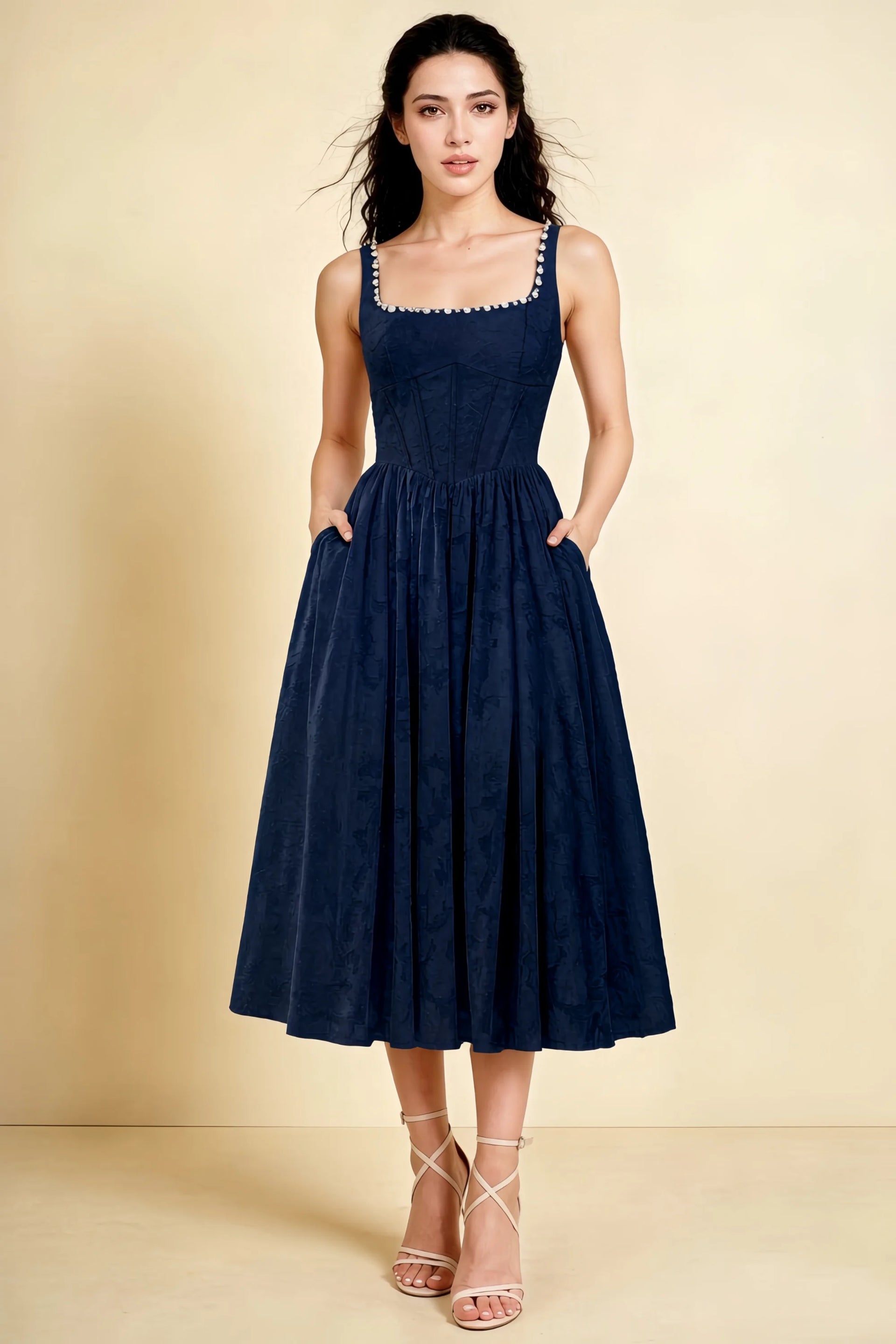 Alana Navy Jacquard Pearl Midi Dress with Pockets