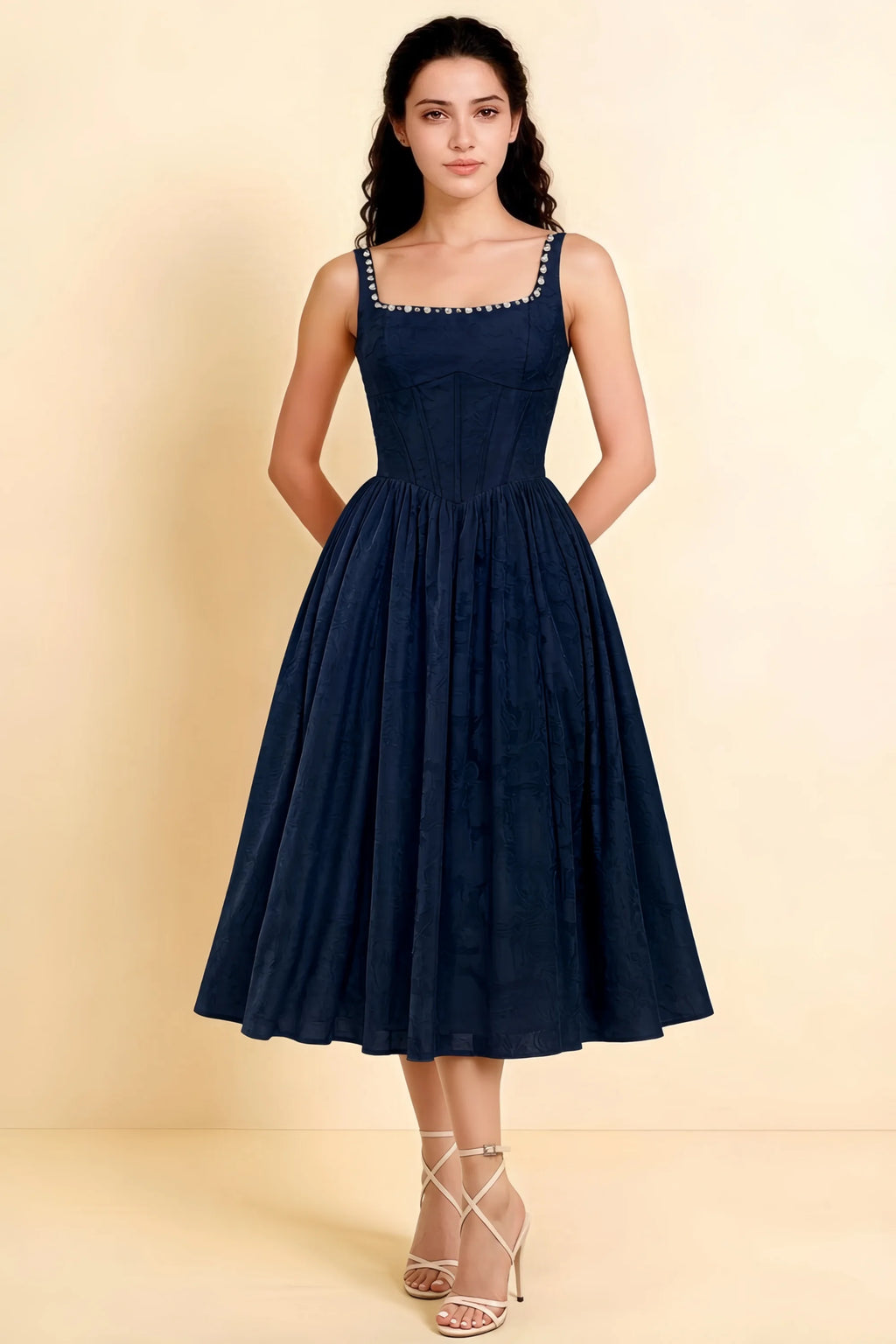 Alana Navy Jacquard Pearl Midi Dress with Pockets