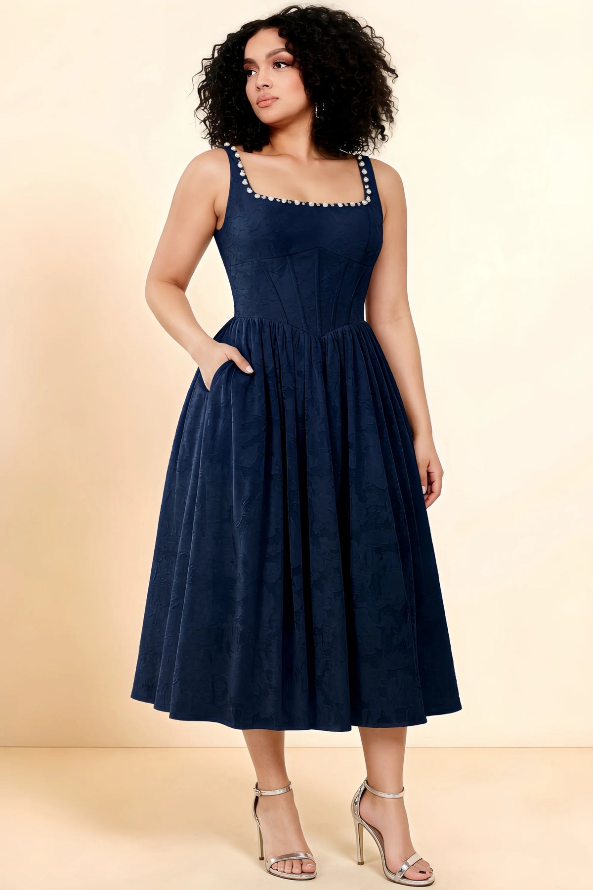 Alana Navy Jacquard Pearl Midi Dress with Pockets