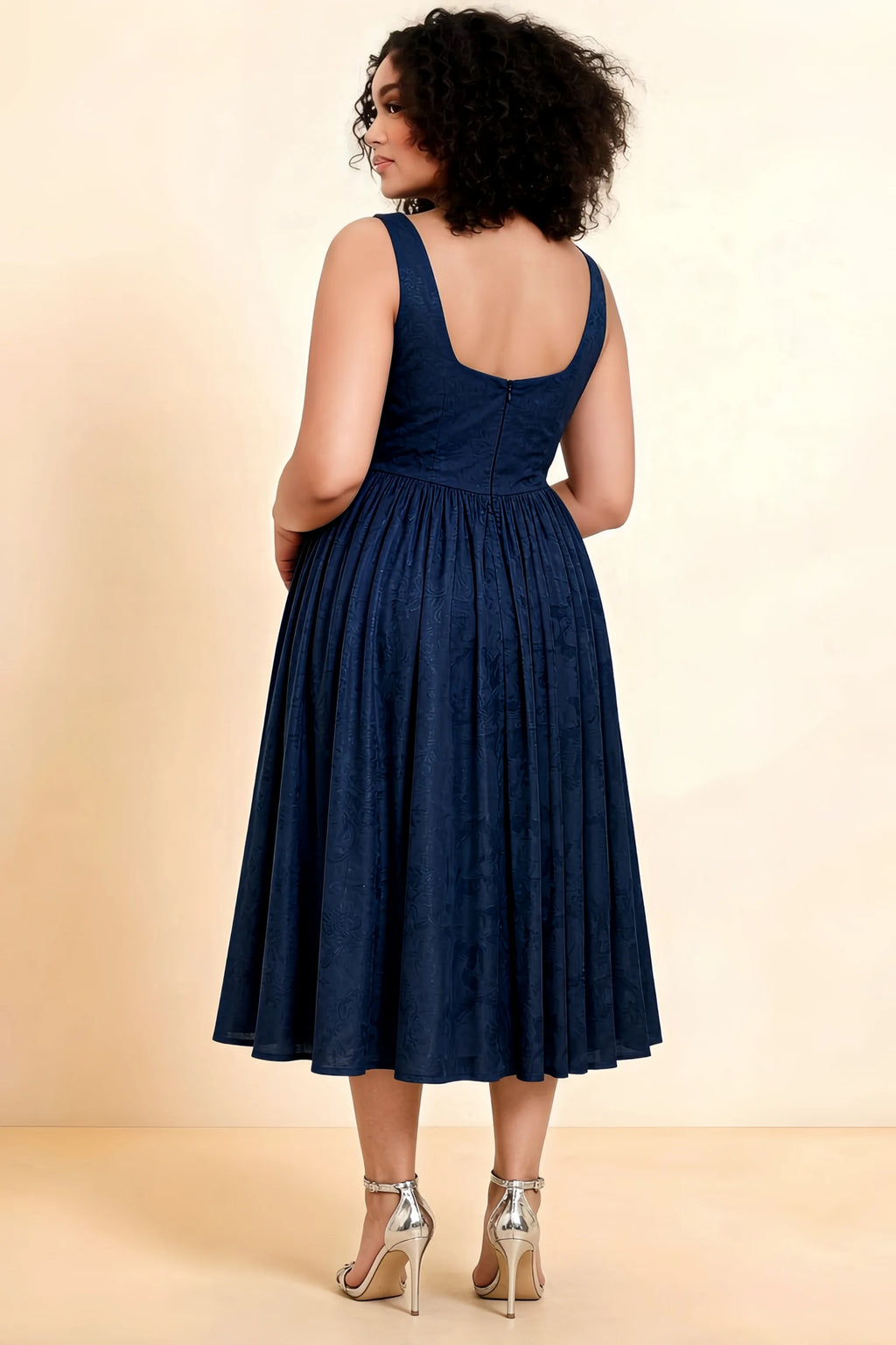 Alana Navy Jacquard Pearl Midi Dress with Pockets