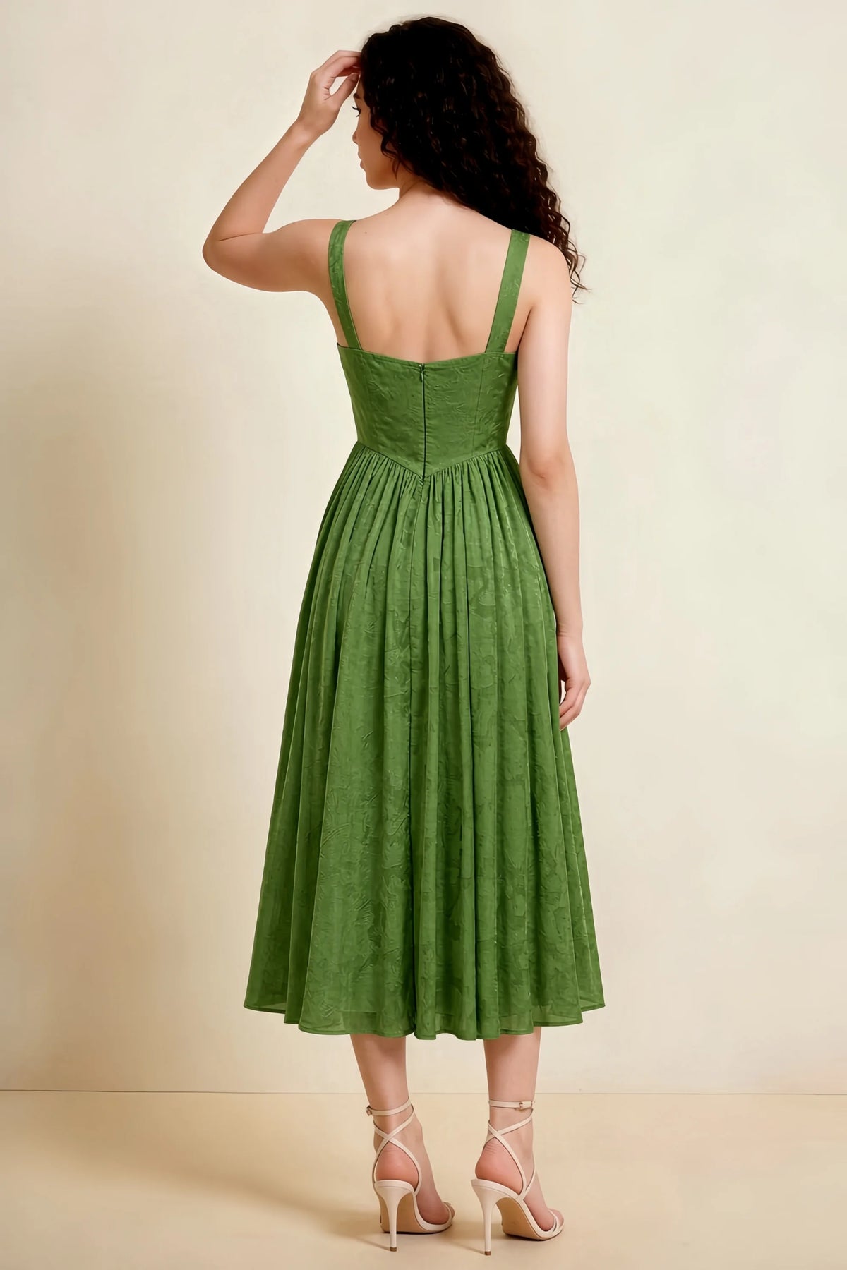 Alana Olive Jacquard Pearl Midi Dress with Pockets