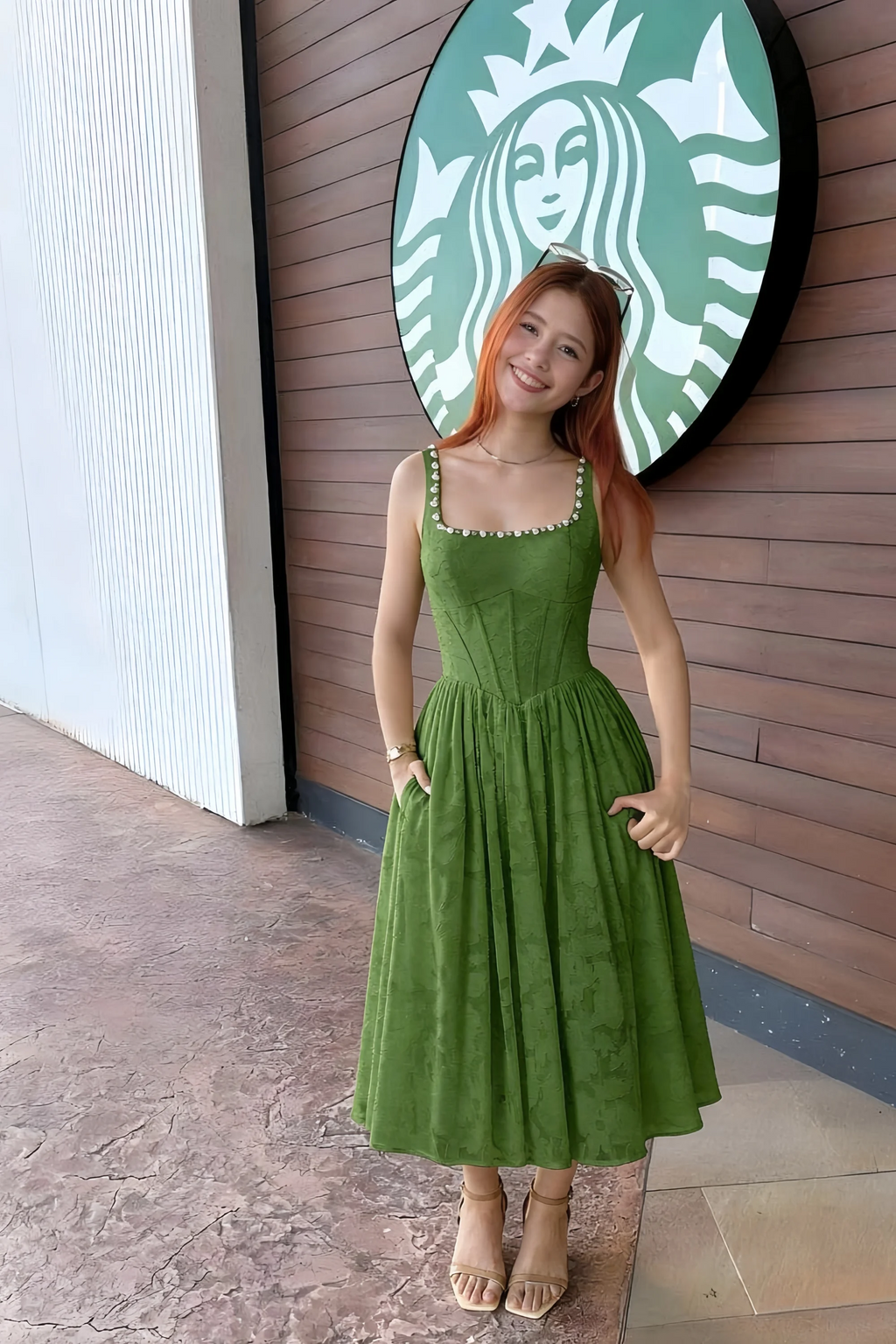 Alana Olive Jacquard Pearl Midi Dress with Pockets