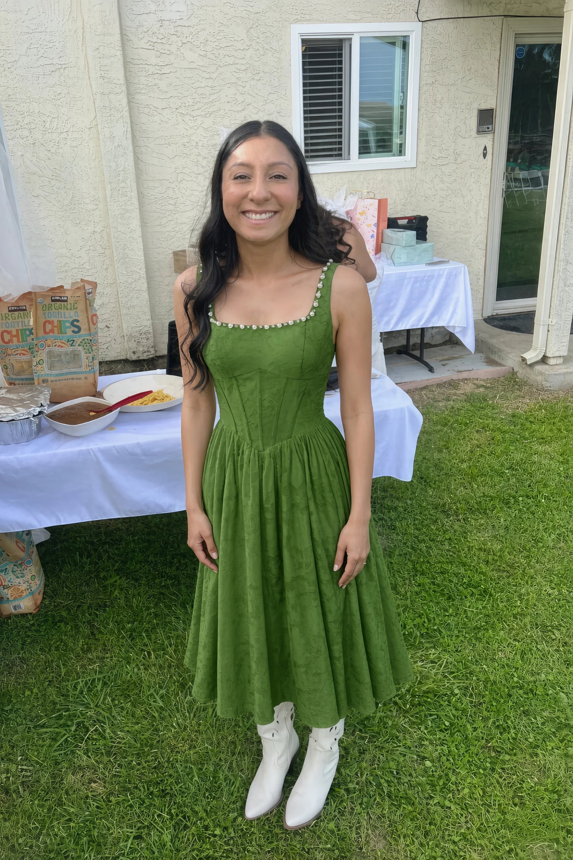 Alana Olive Jacquard Pearl Midi Dress with Pockets
