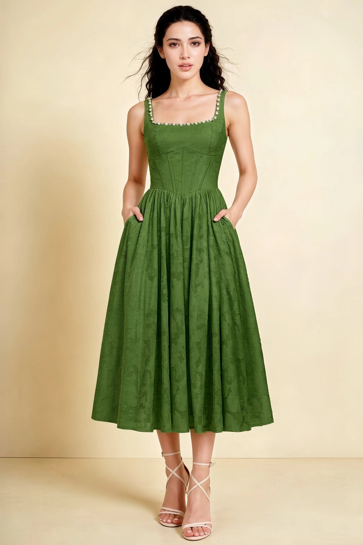 Alana Olive Jacquard Pearl Midi Dress with Pockets