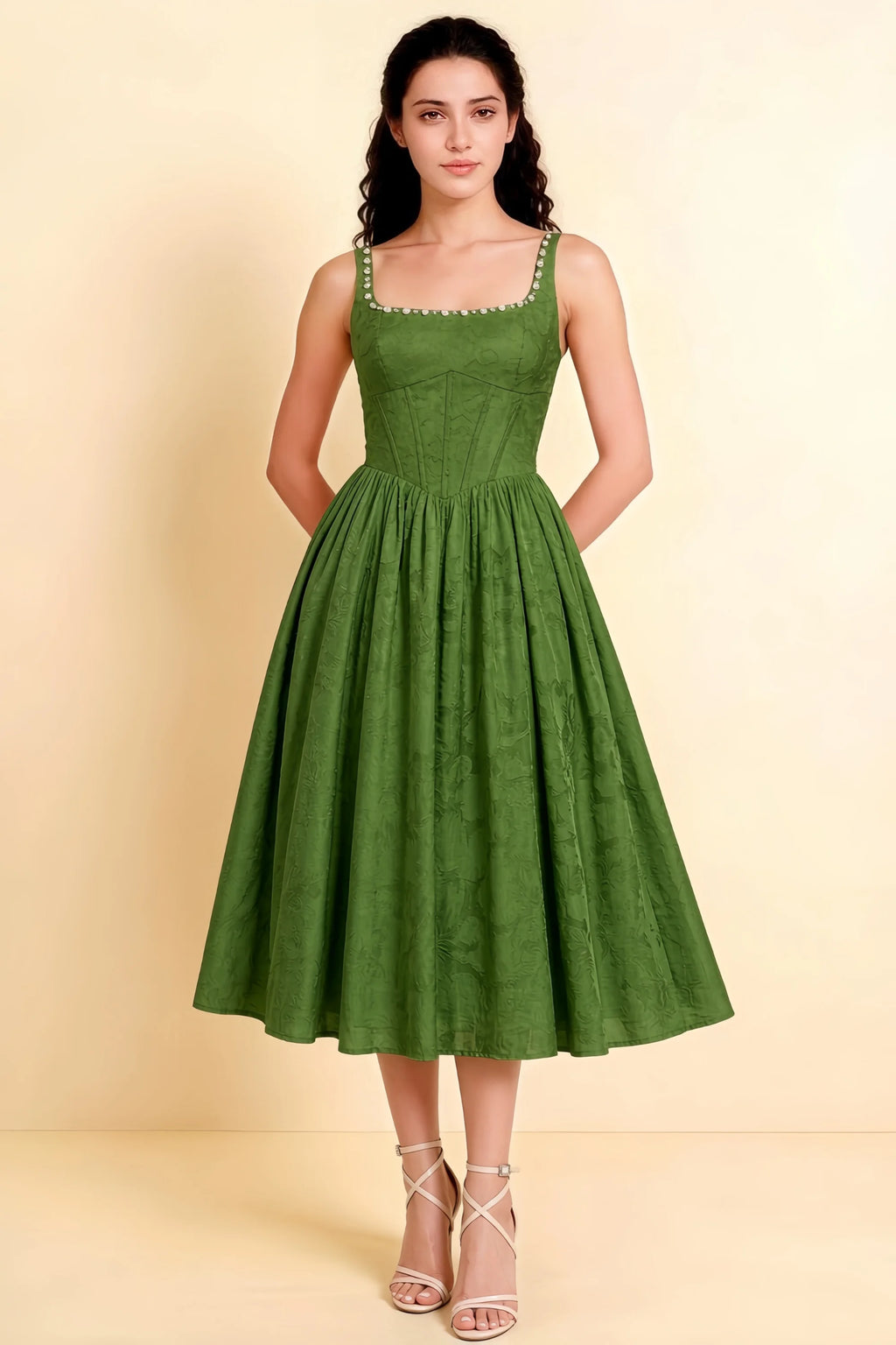 Alana Olive Jacquard Pearl Midi Dress with Pockets