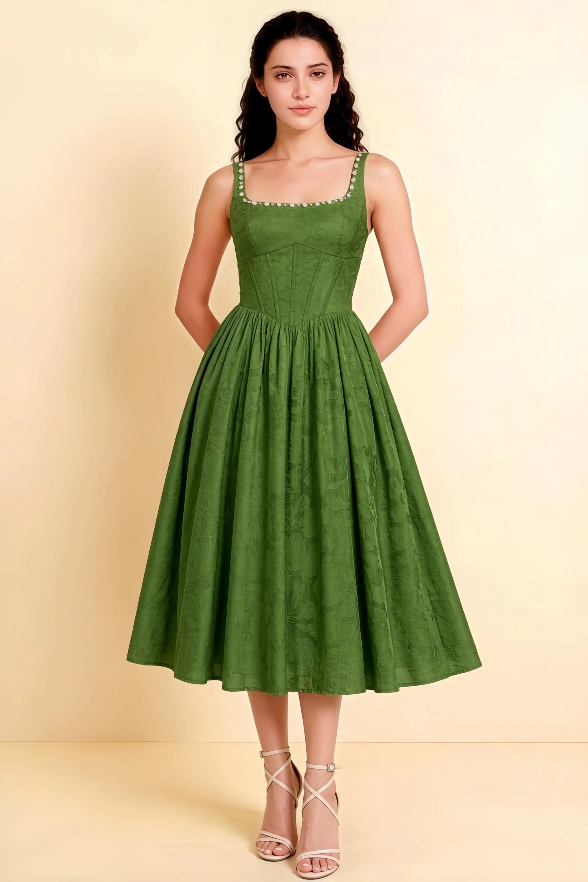 Alana Olive Jacquard Pearl Midi Dress with Pockets