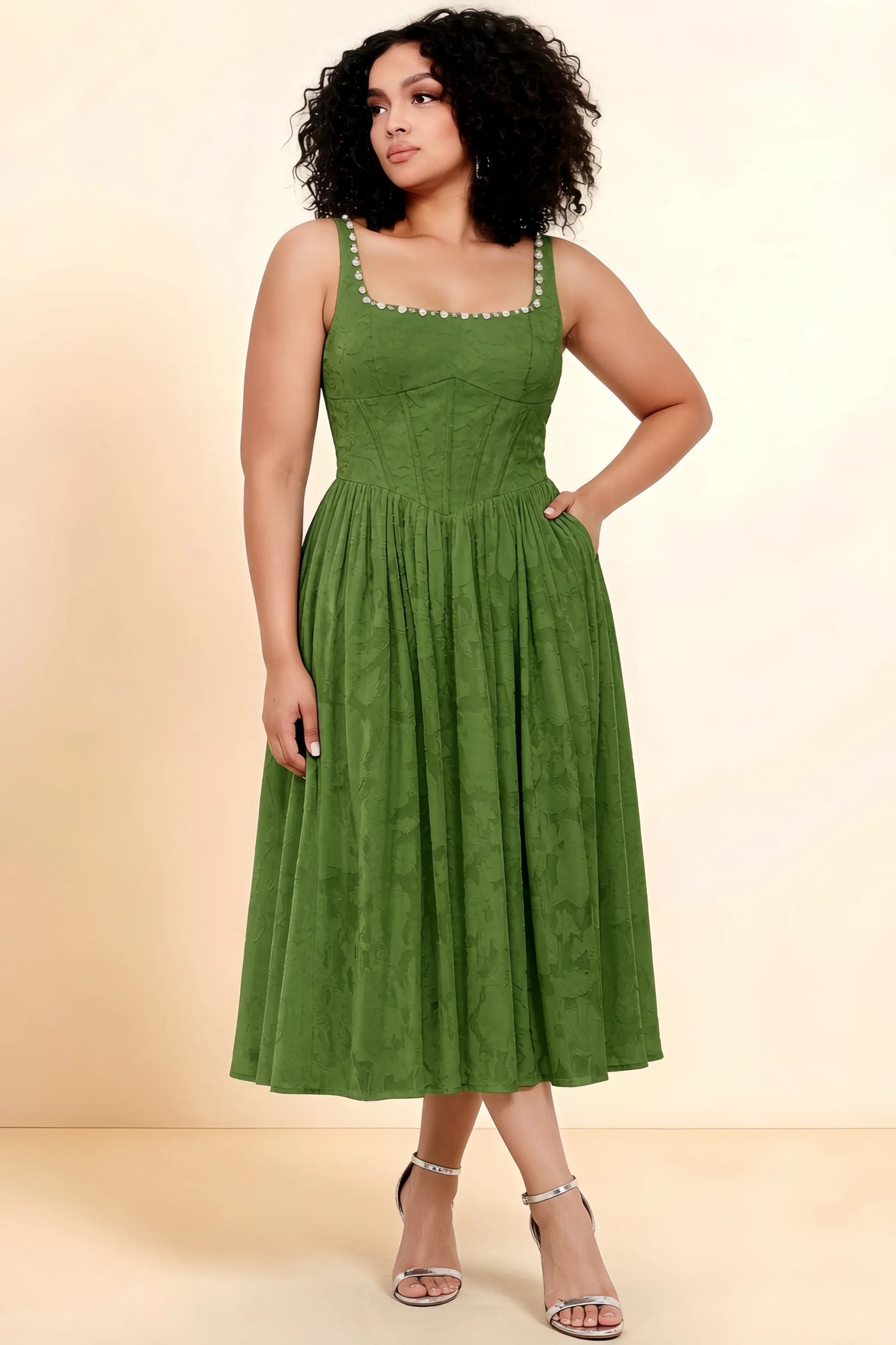 Alana Olive Jacquard Pearl Midi Dress with Pockets
