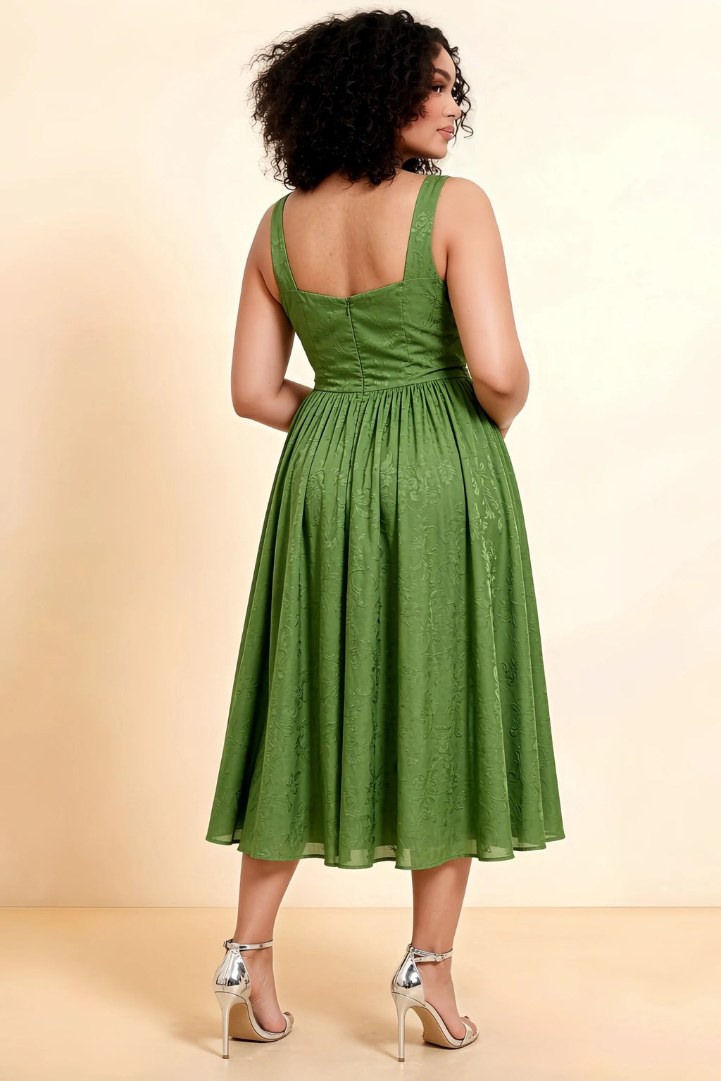Alana Olive Jacquard Pearl Midi Dress with Pockets