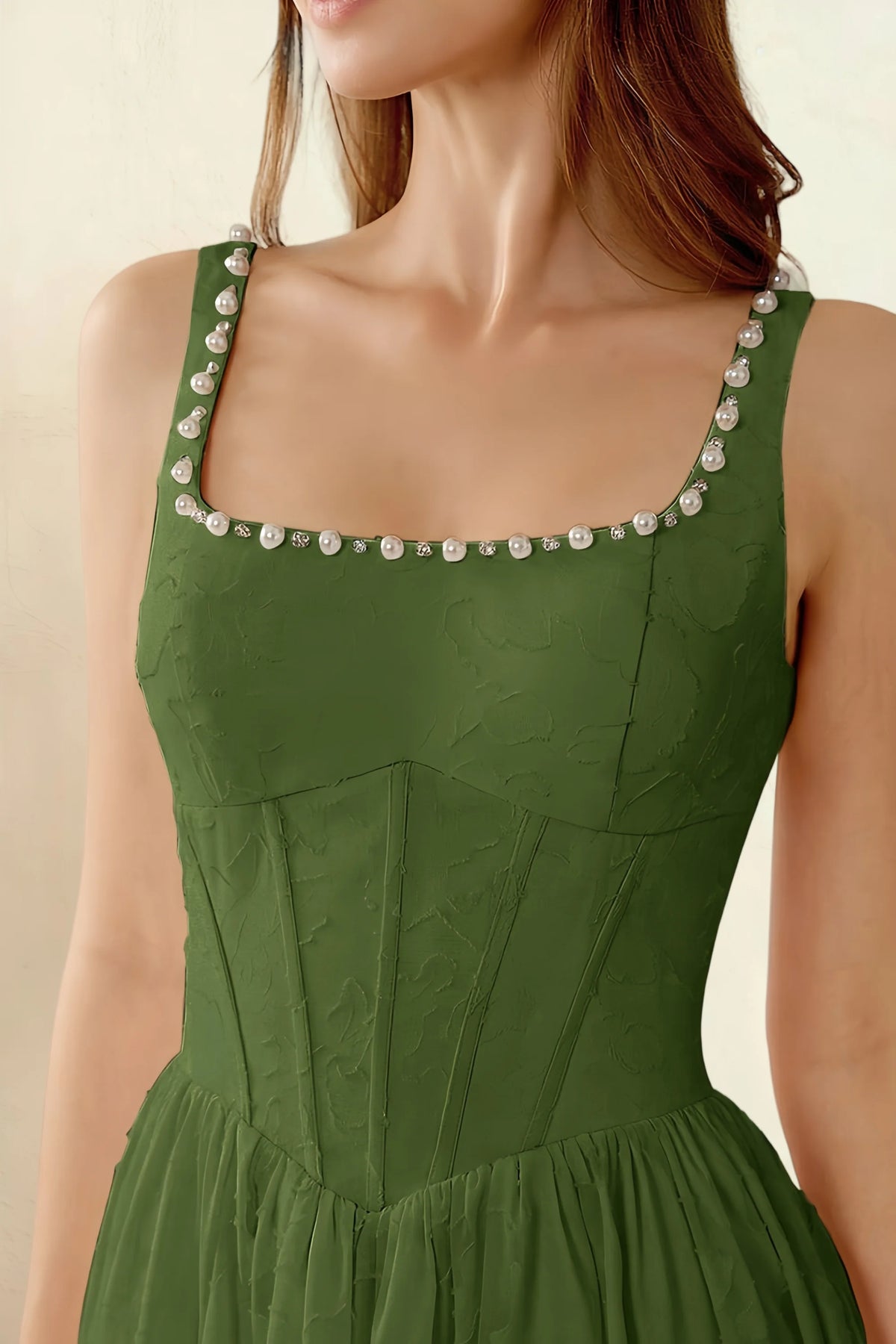 Alana Olive Jacquard Pearl Midi Dress with Pockets