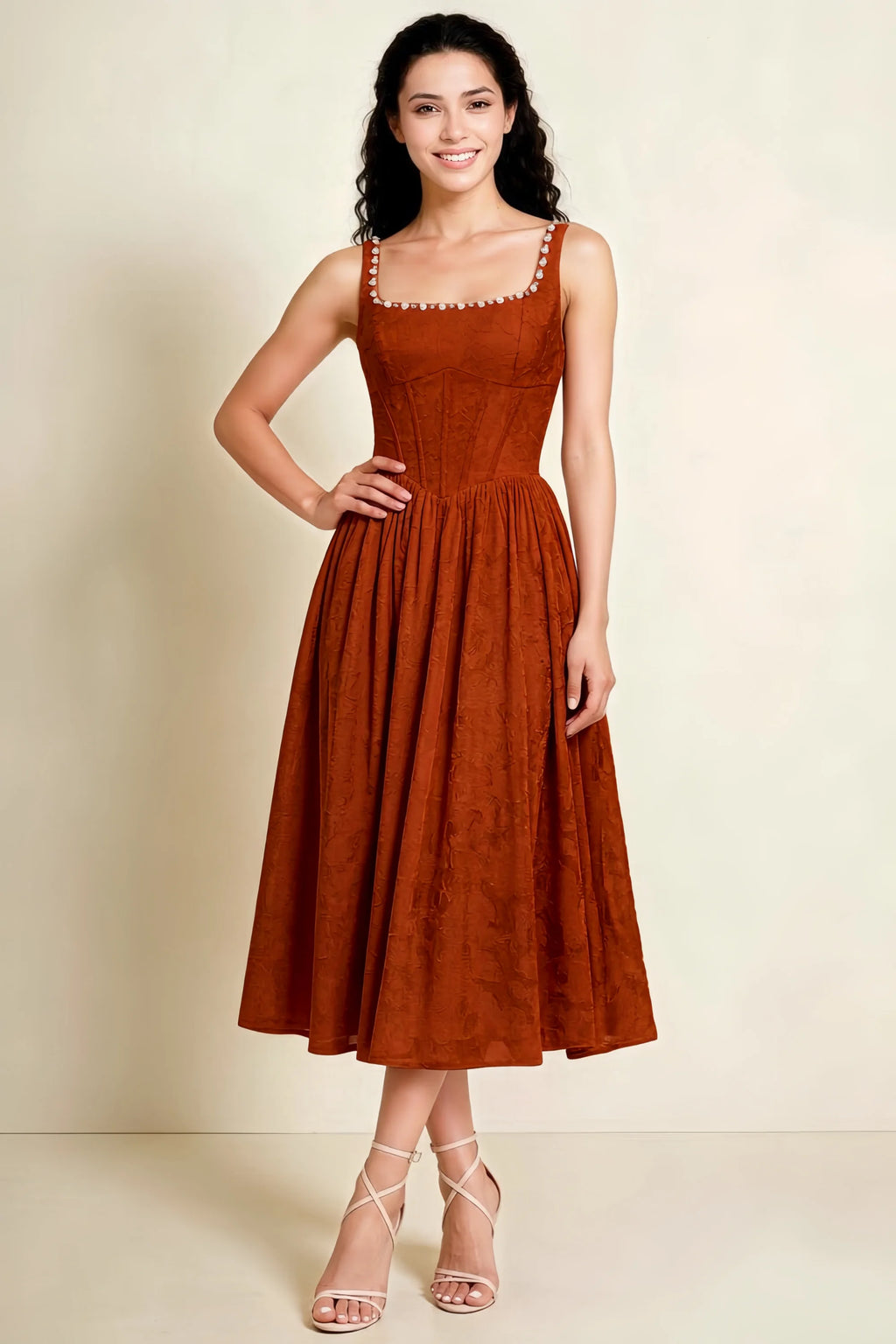 Alana Paprika Jacquard Pearl Midi Dress with Pockets