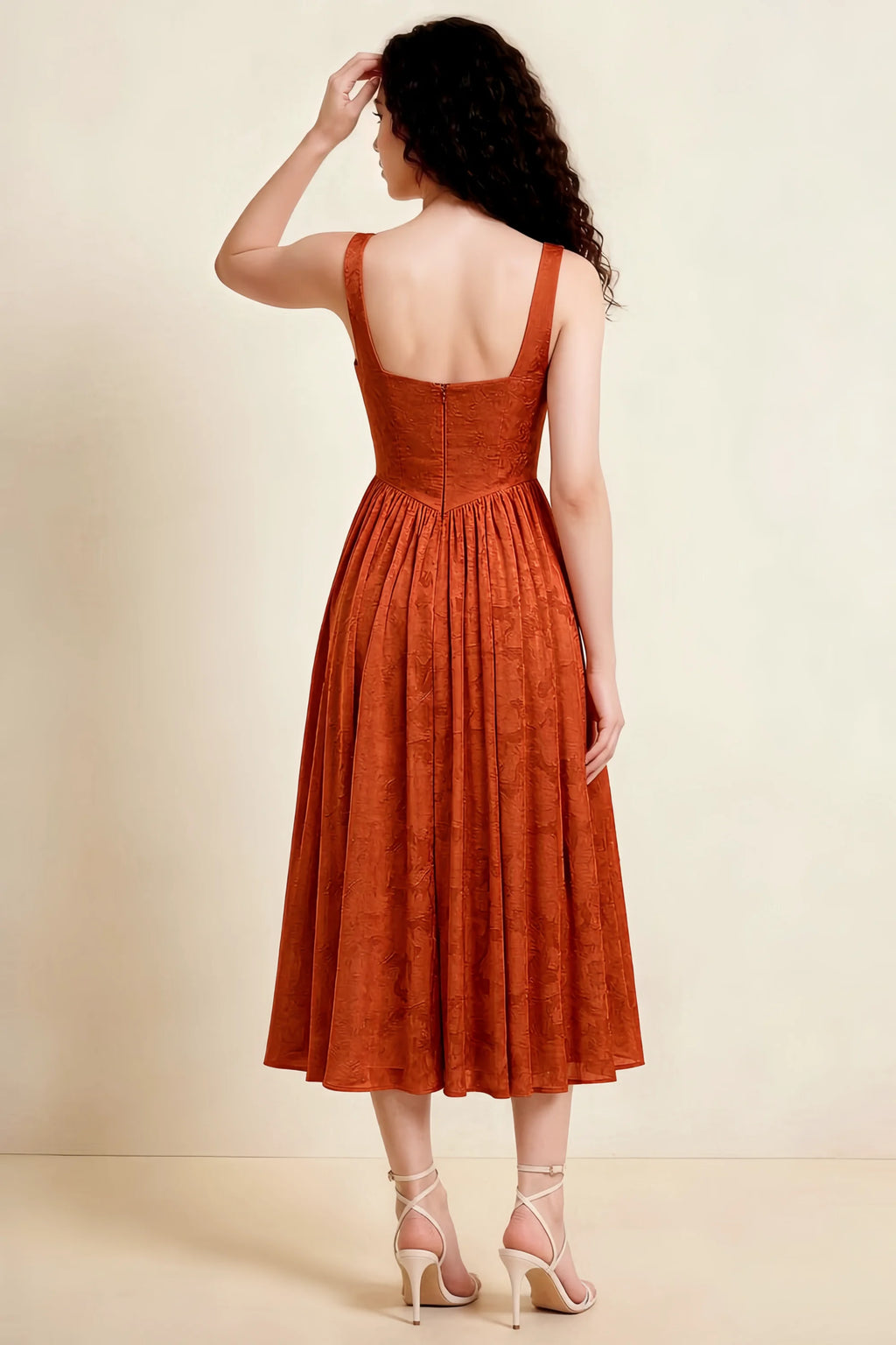 Alana Paprika Jacquard Pearl Midi Dress with Pockets