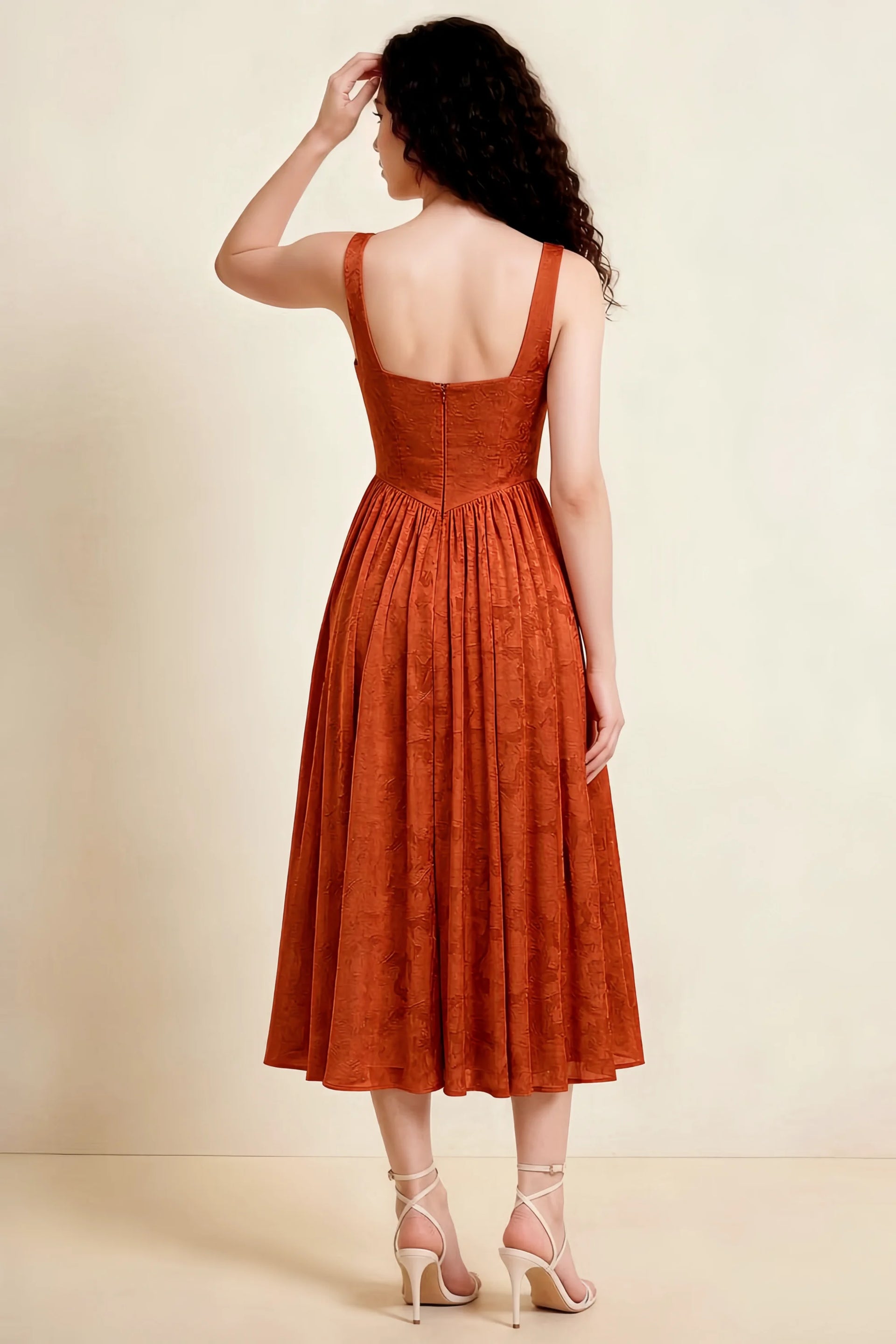 Alana Paprika Jacquard Pearl Midi Dress with Pockets