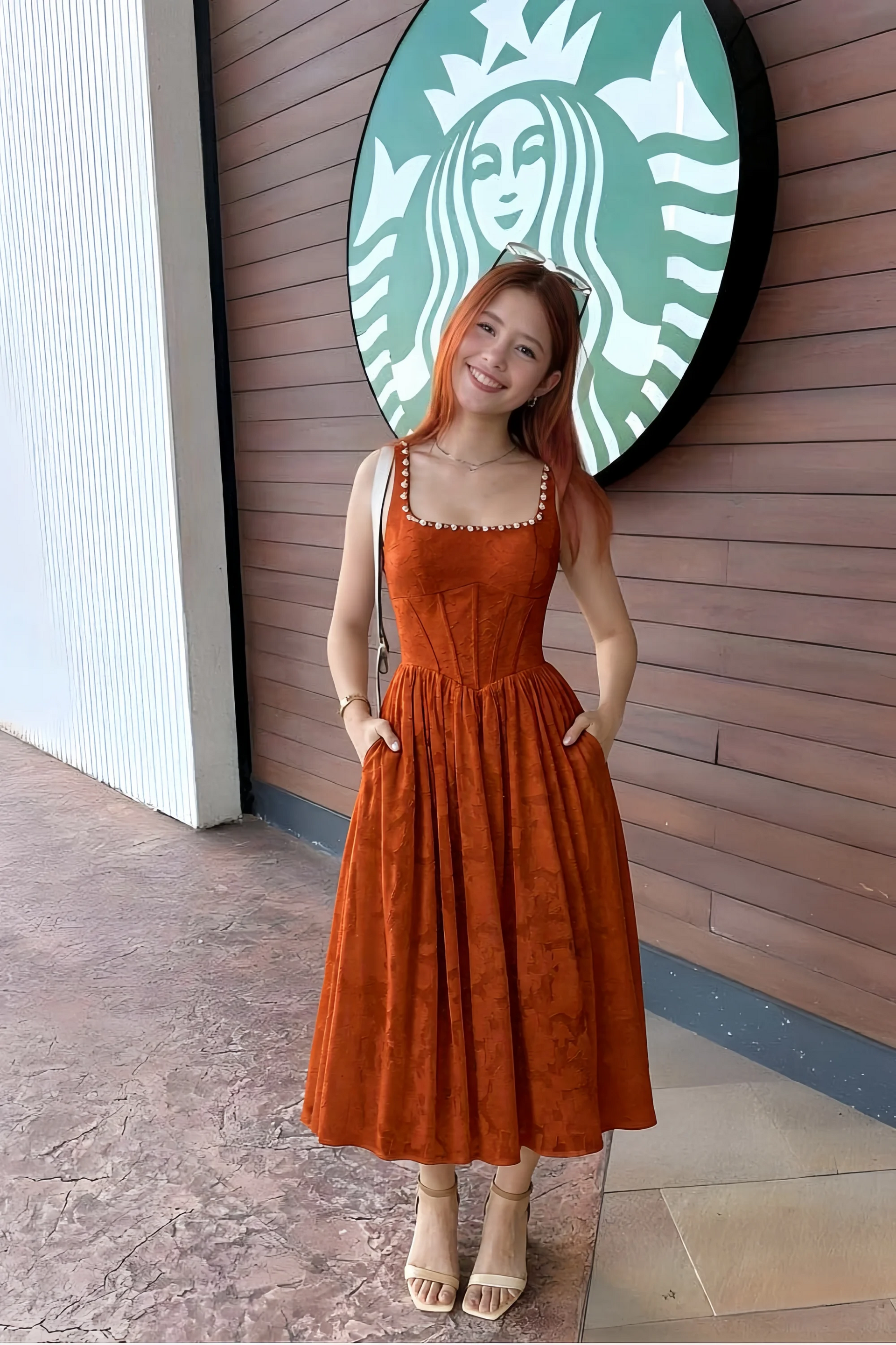 Alana Paprika Jacquard Pearl Midi Dress with Pockets