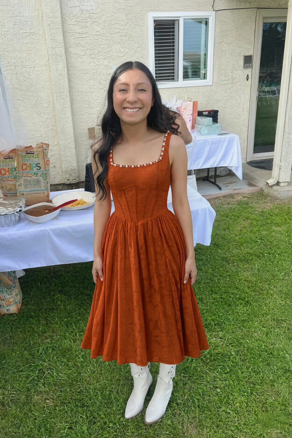 Alana Paprika Jacquard Pearl Midi Dress with Pockets
