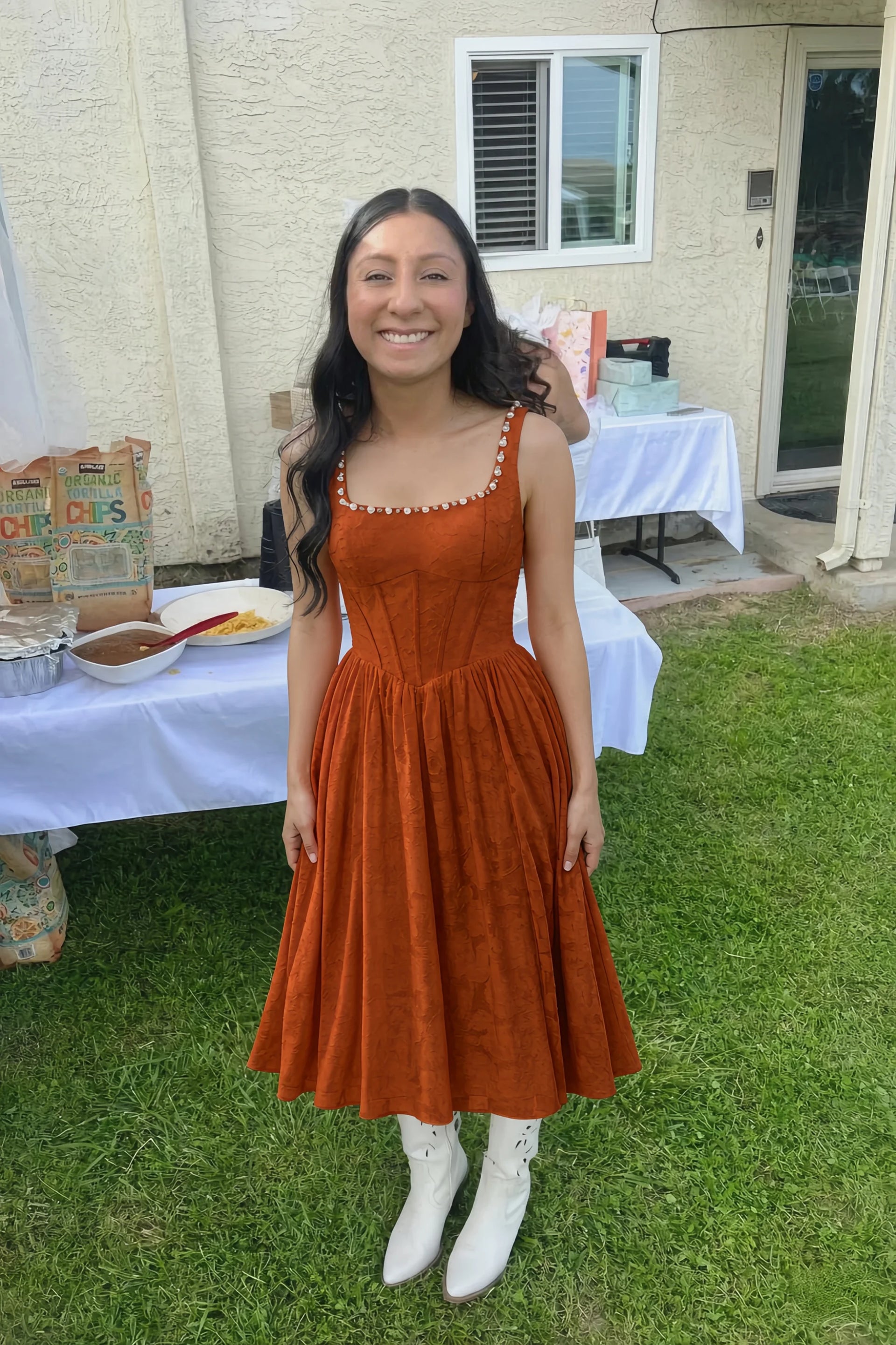 Alana Paprika Jacquard Pearl Midi Dress with Pockets