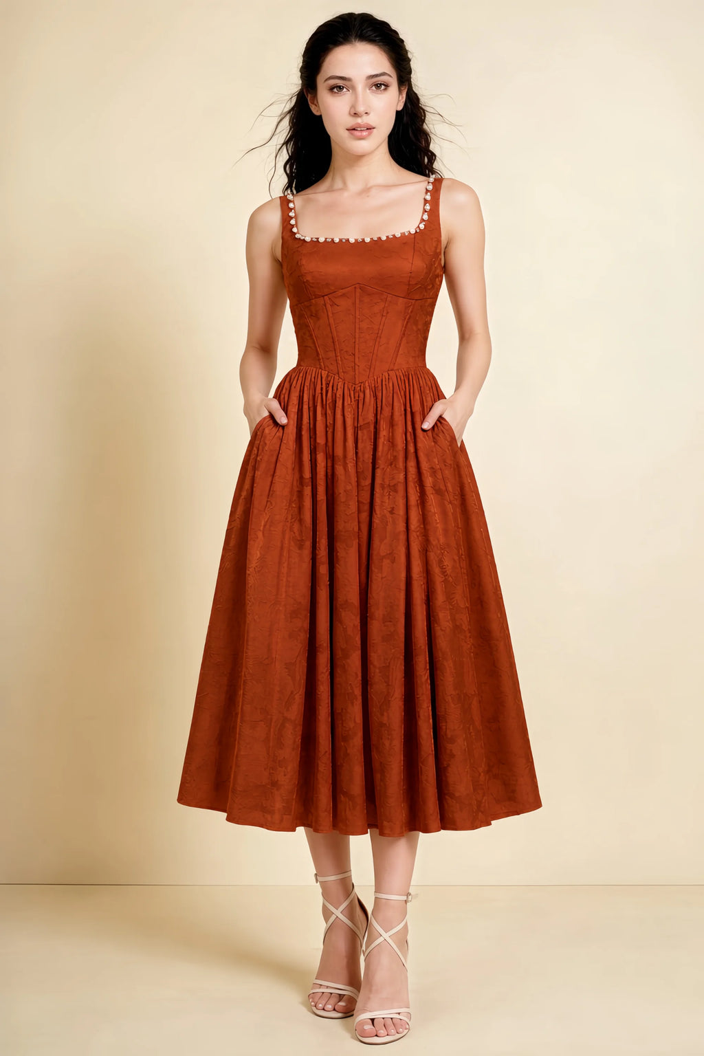 Alana Paprika Jacquard Pearl Midi Dress with Pockets