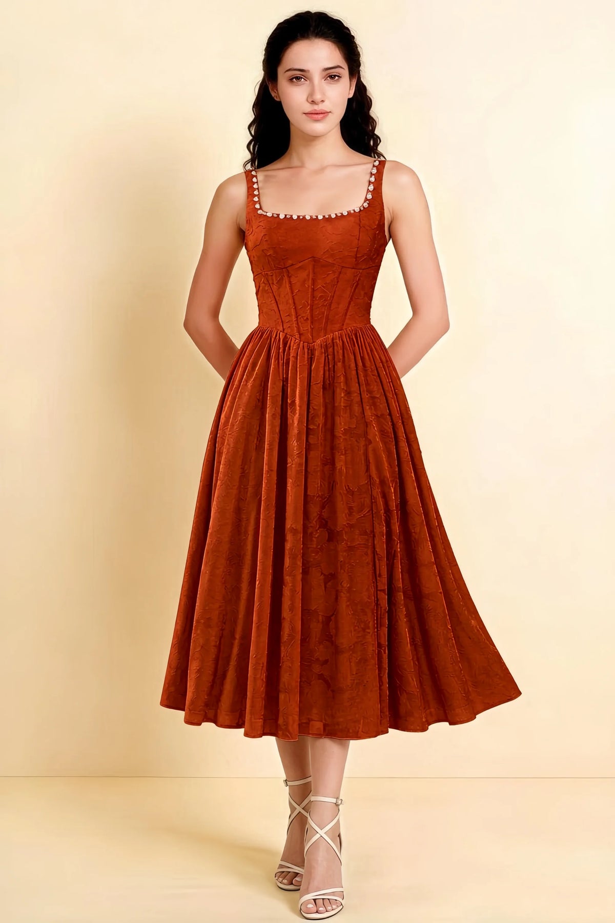 Alana Paprika Jacquard Pearl Midi Dress with Pockets