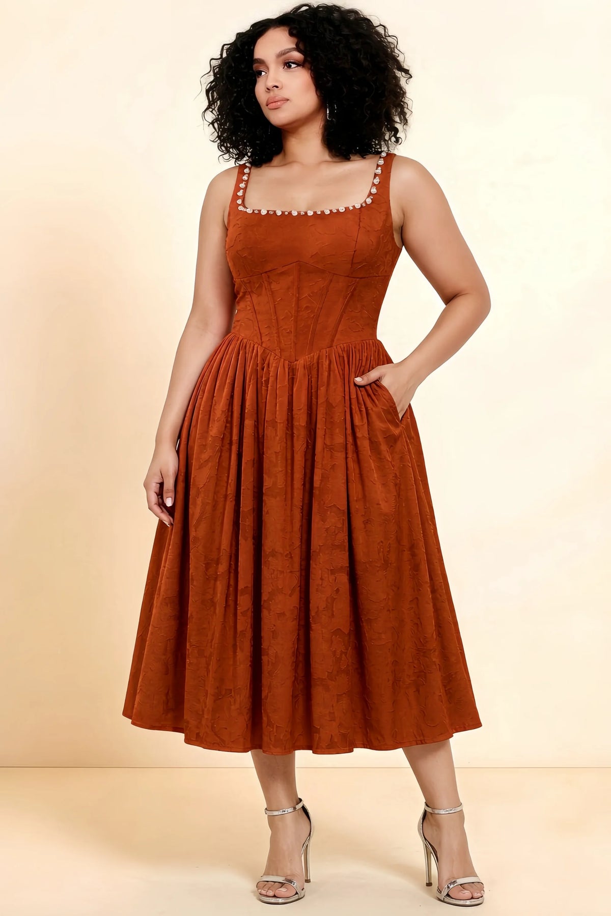 Alana Paprika Jacquard Pearl Midi Dress with Pockets