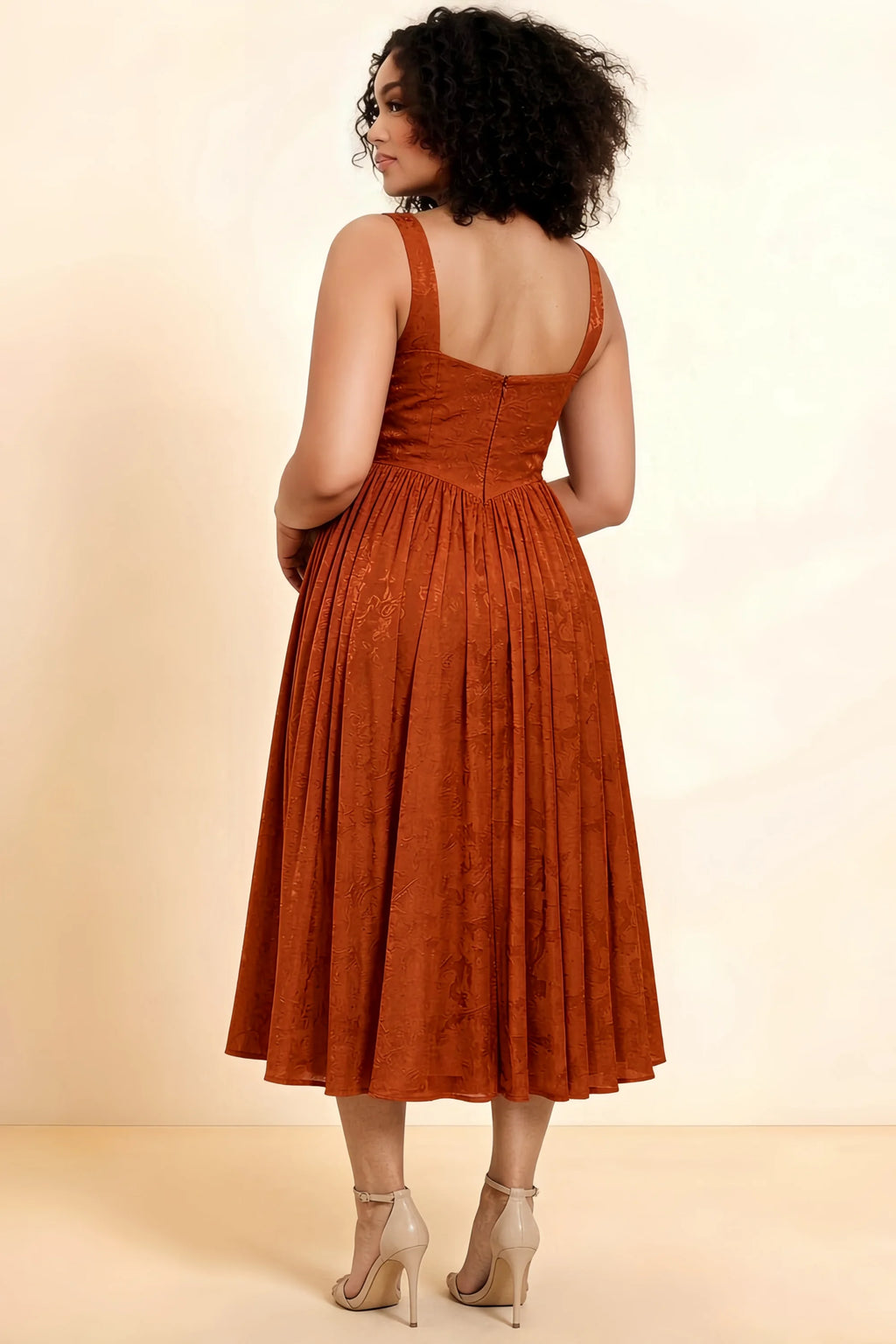 Alana Paprika Jacquard Pearl Midi Dress with Pockets